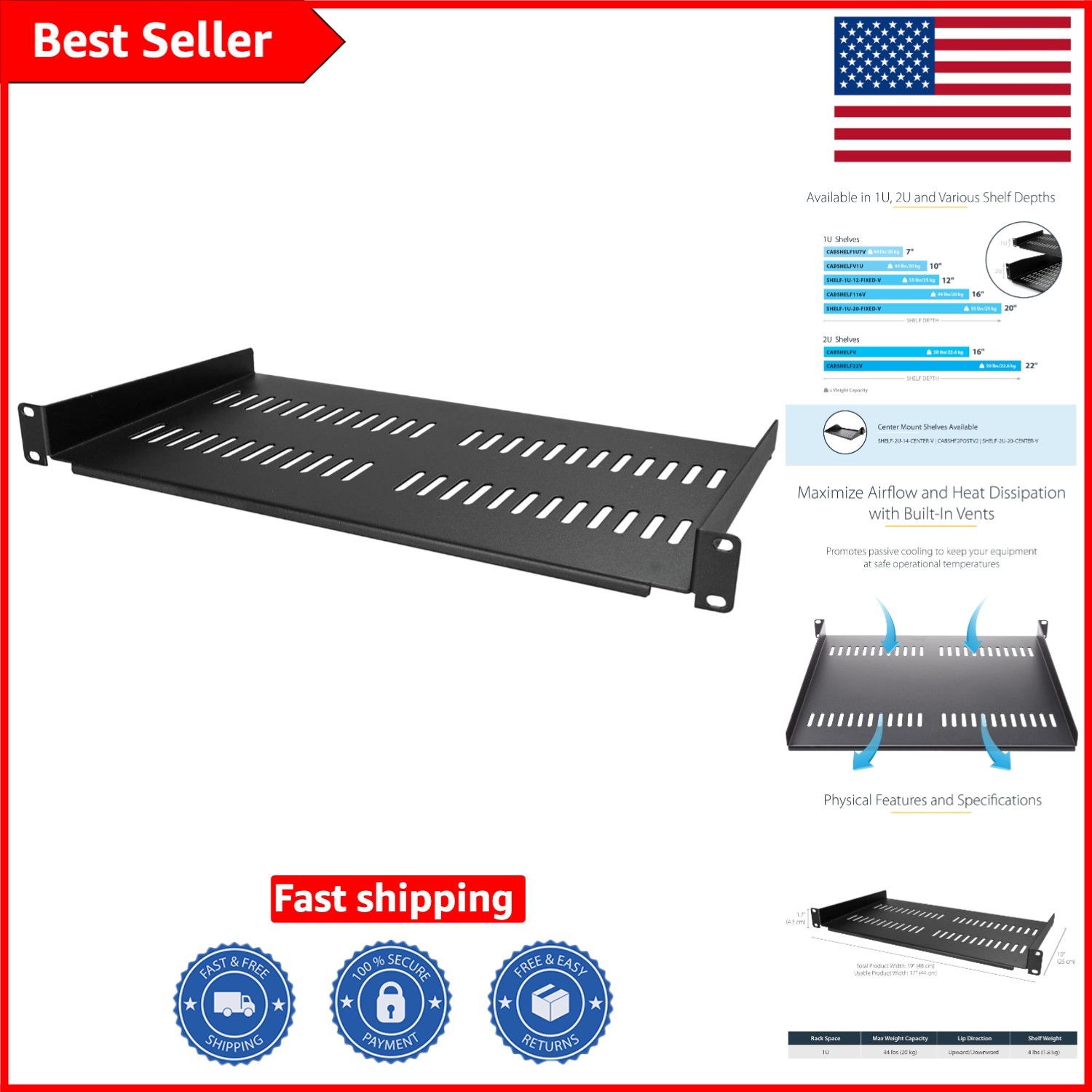 Durable 1U Vented Rack Mount Shelf - Supports 44lbs for 19” Cabinets, 10” Deep