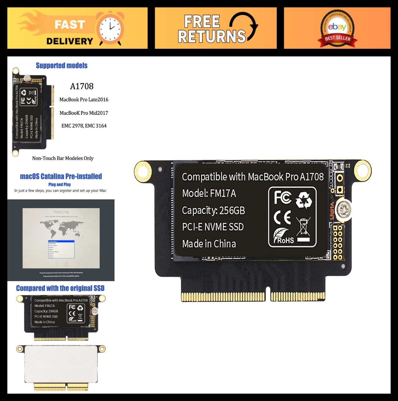 256GB NVMe 3.0 x4 SSD for MacBook Pro Retina A1708, 3D NAND TLC, DIY Tools Inclu