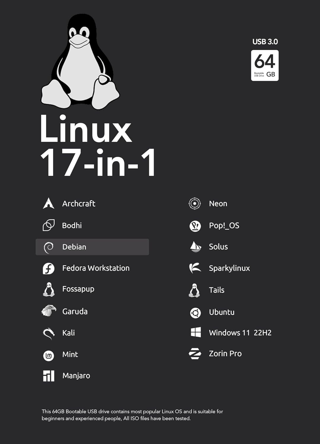 64GB - 17-in-1, Bootable USB Drive 3.2 for Linux & Windows 11, Zorin | Mint | Ka