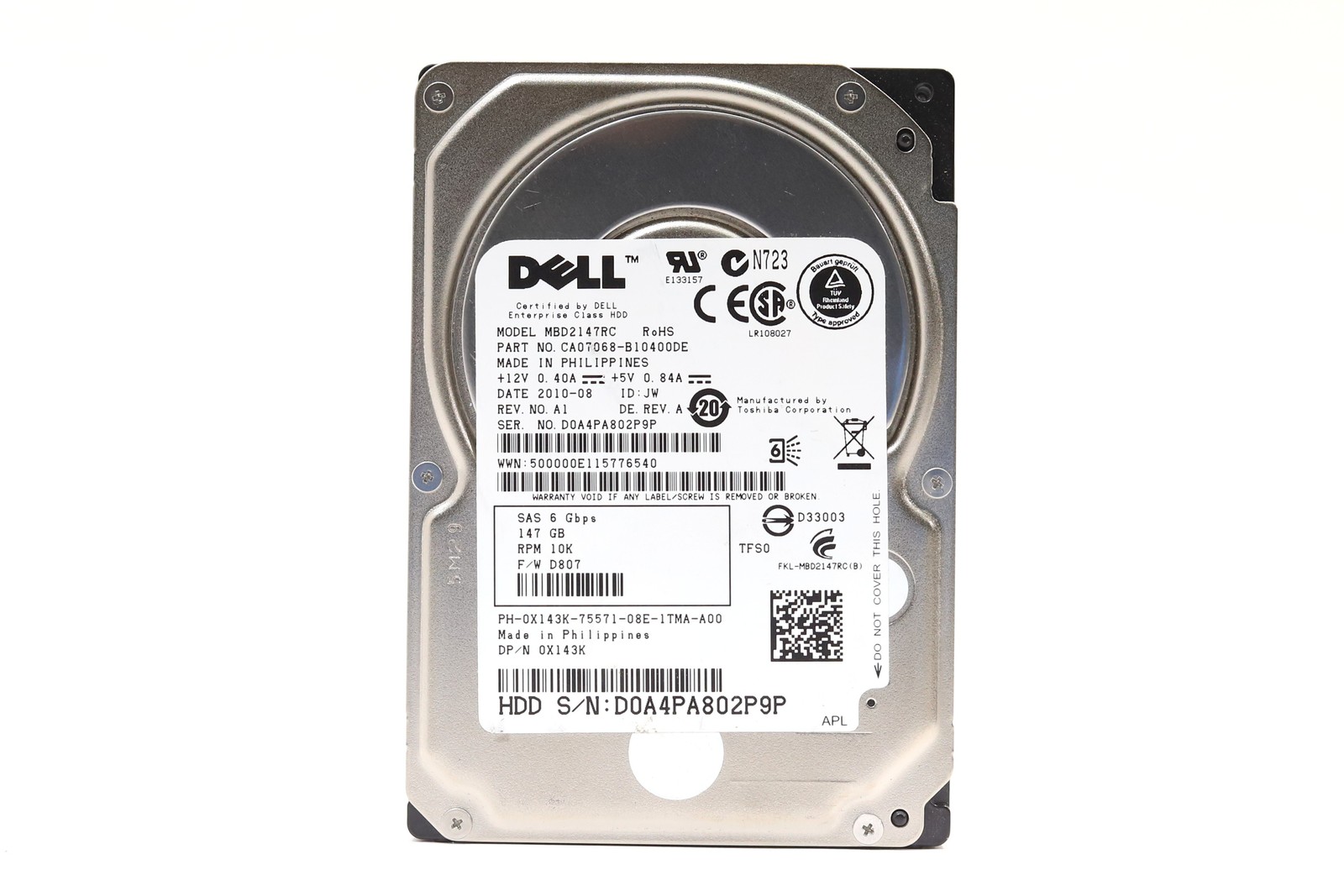 Dell MBD2147RC 147GB 2.5" 6Gb/s 16MB 10K RPM SAS HDD Dell P/N: 0X143K Tested