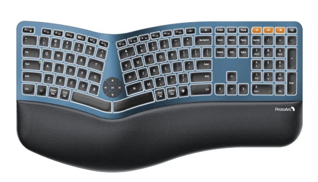 ProtoArc Backlit Bluetooth Ergonomic Keyboard, EK01 Plus Full Size WirelessSplit