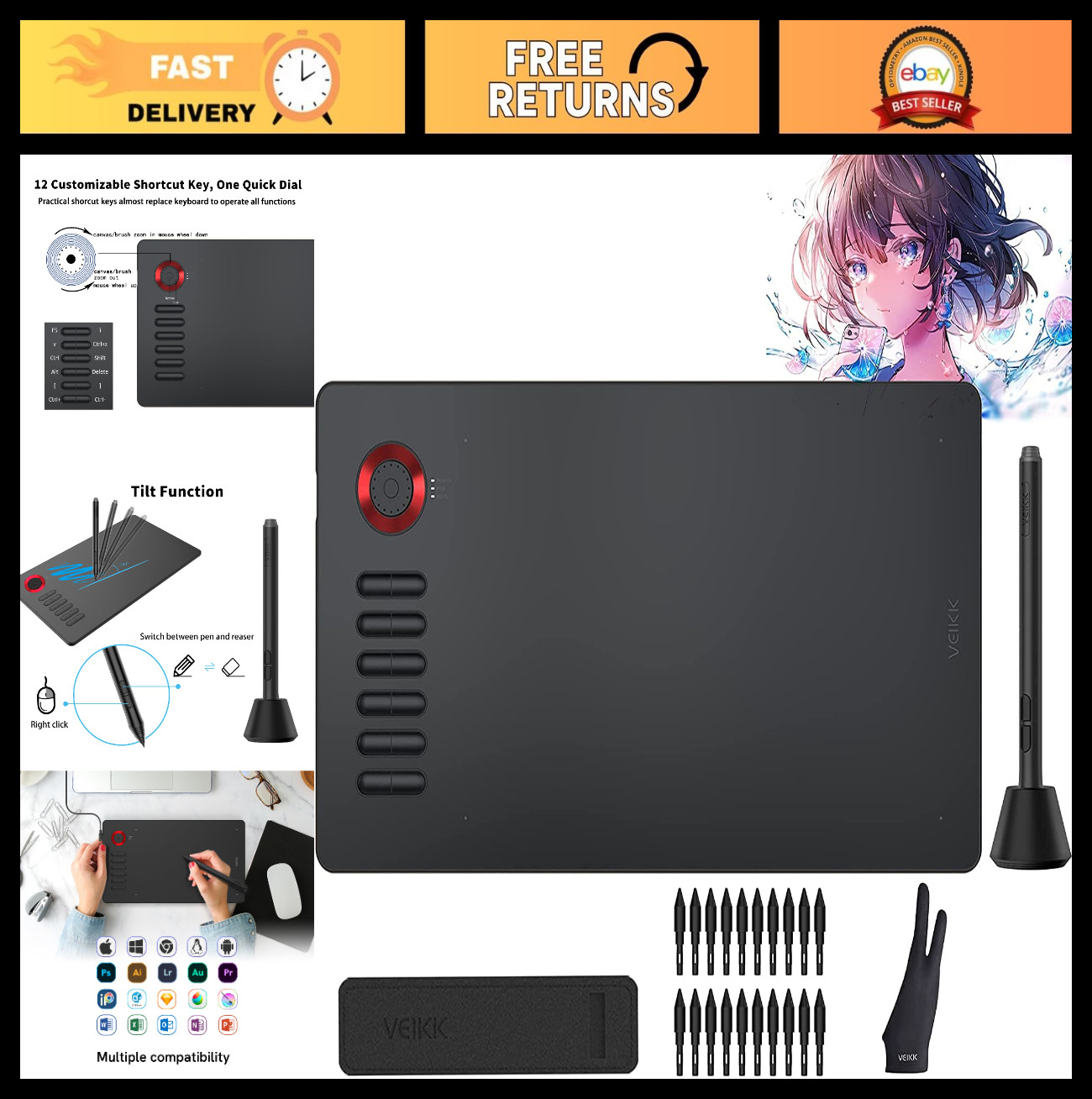 10x6 Inch Graphics Drawing Tablet, Battery-Free Stylus, 12 Shortcut Keys, Tilt S