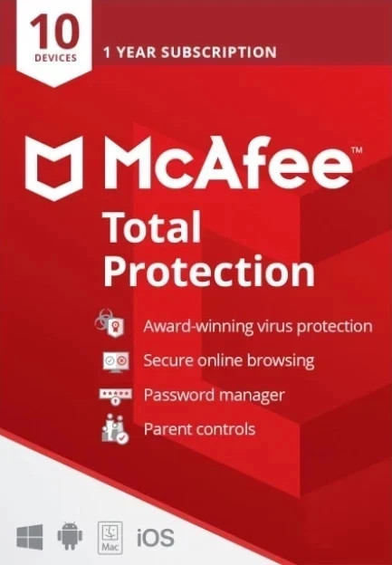 McAfee Total Protection 2026 10 Devices 1 Year Antivirus Security