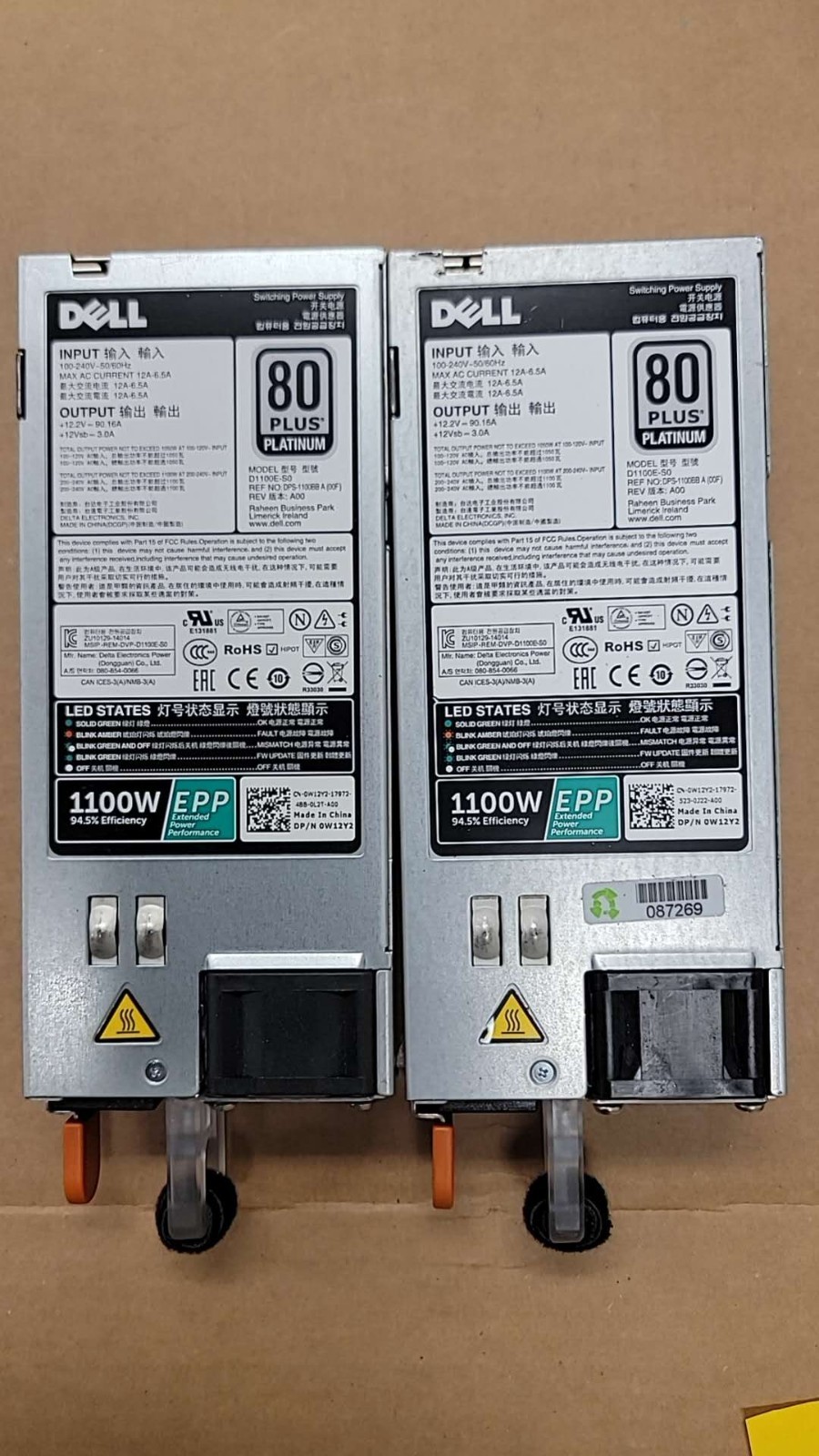 Lot of 2 Dell 0CMPGM 0W12Y2 for PowerEdge R630 R730 1100W EPP Power Supply