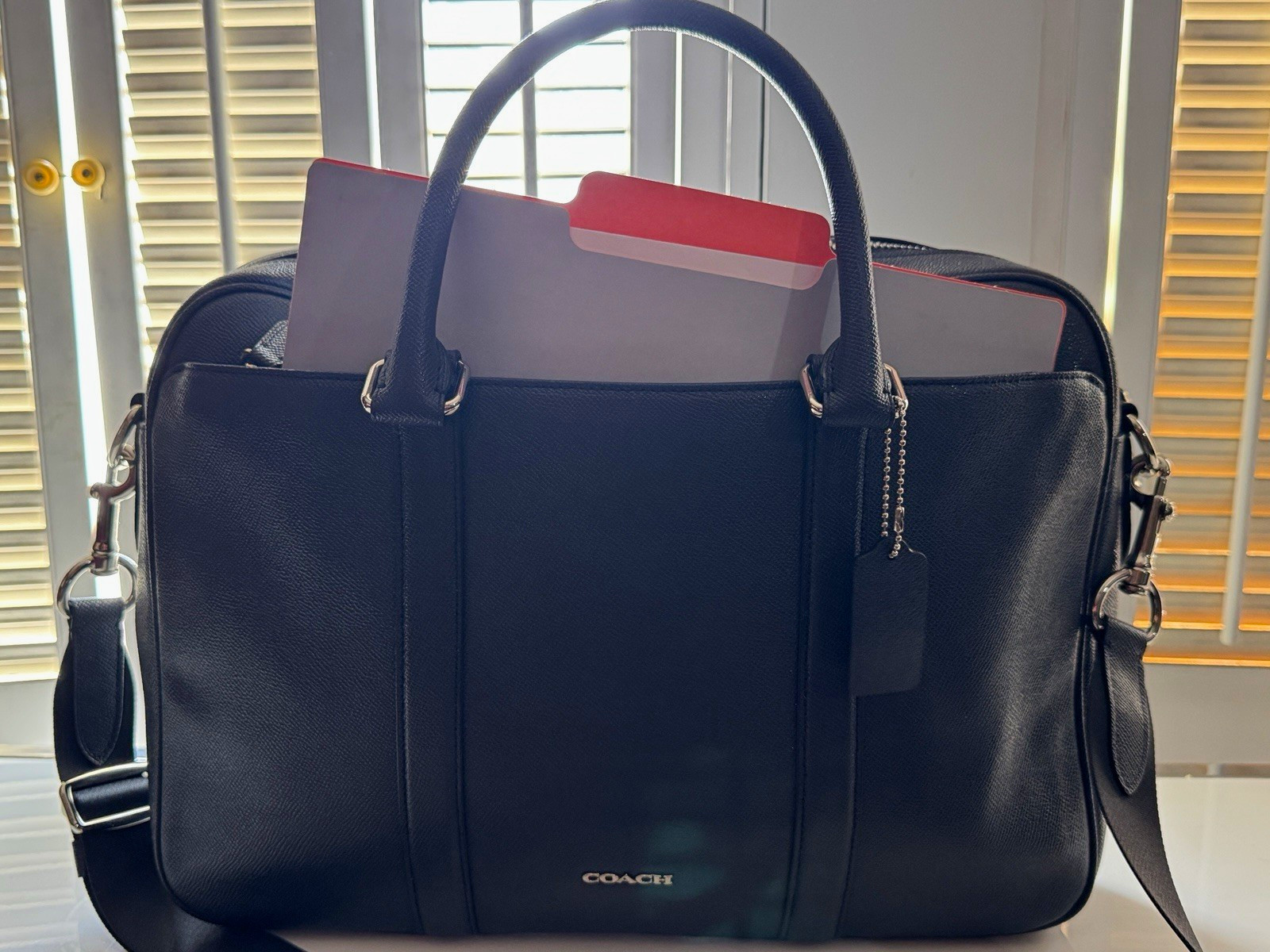 Coach F59057 SLATE BLUE  Leather Slim Briefcase 15 in Laptop Crossbody Pockets