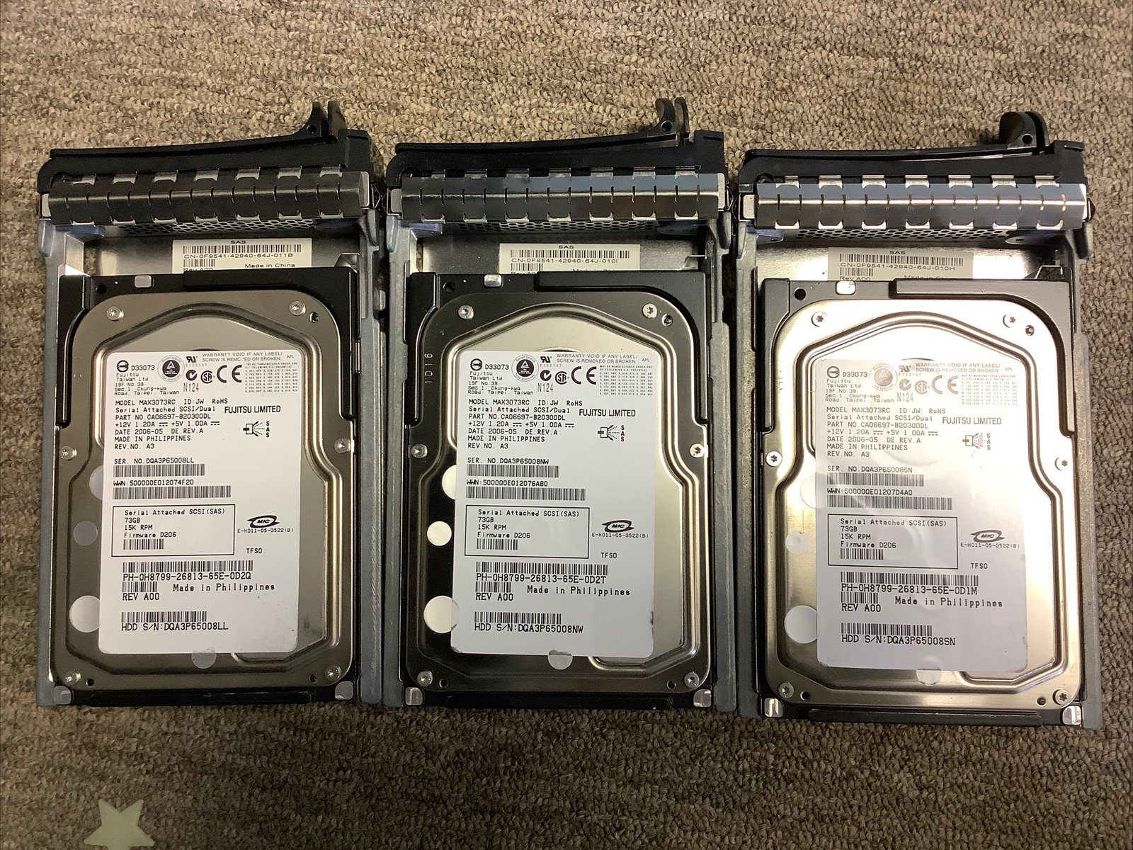 Lot of 3 Fujitsu Limited 73GB Hard Drives