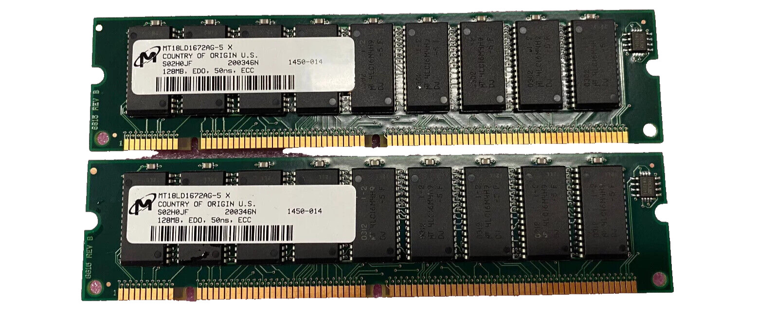 256MB KIT (2X128MB) EDO 168Pin ECC UDUBUFF DIMM 3.3V 4k 50ns MT18LD1672AG-5x 