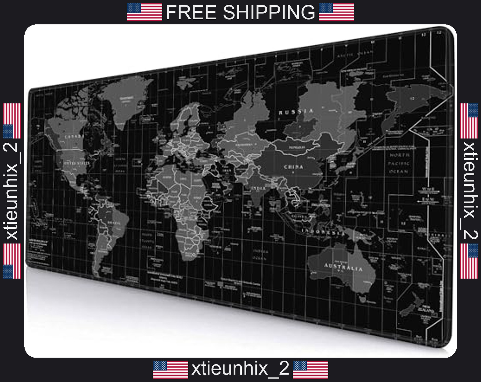 Large Desk Mat with Non-Slip Base, 31.5x11.8 Inch Black World Map Mouse Pad