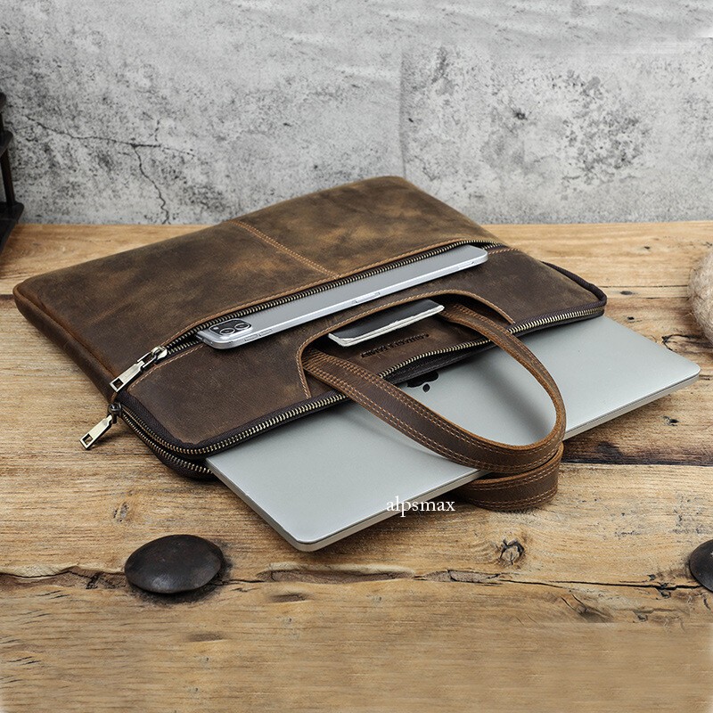 Retro Crazy Horse Leather Men's Laptop Bag Briefcase Business Bag Handbag