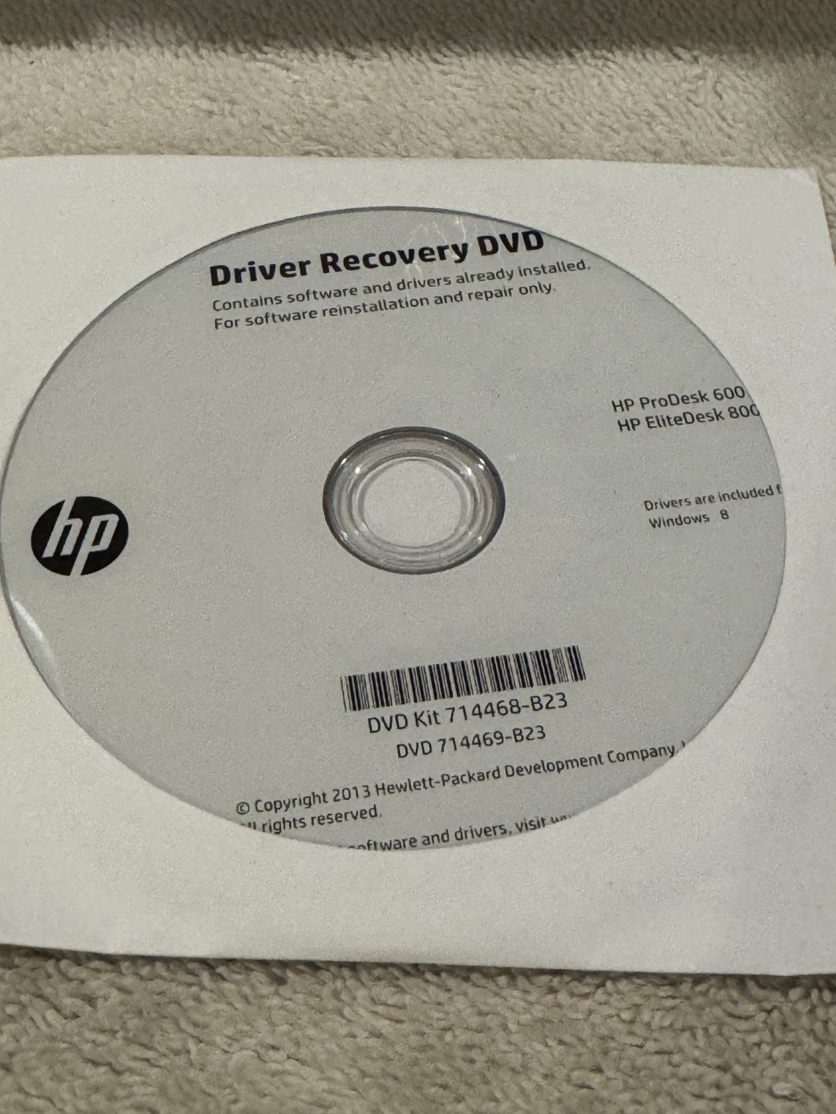 HP Driver Recovery DVD HP Windows 8 Prodesk 600G1 800G1 - CD ONLY VERY GOOD COND