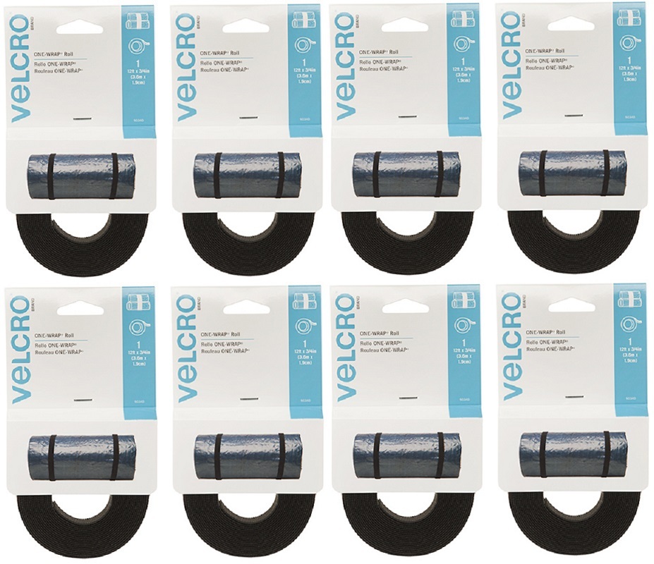 Velcro 90340 3/4" x 12' ft Black One-Wrap Reusable Bundling Tape Rolls - 8 Pack