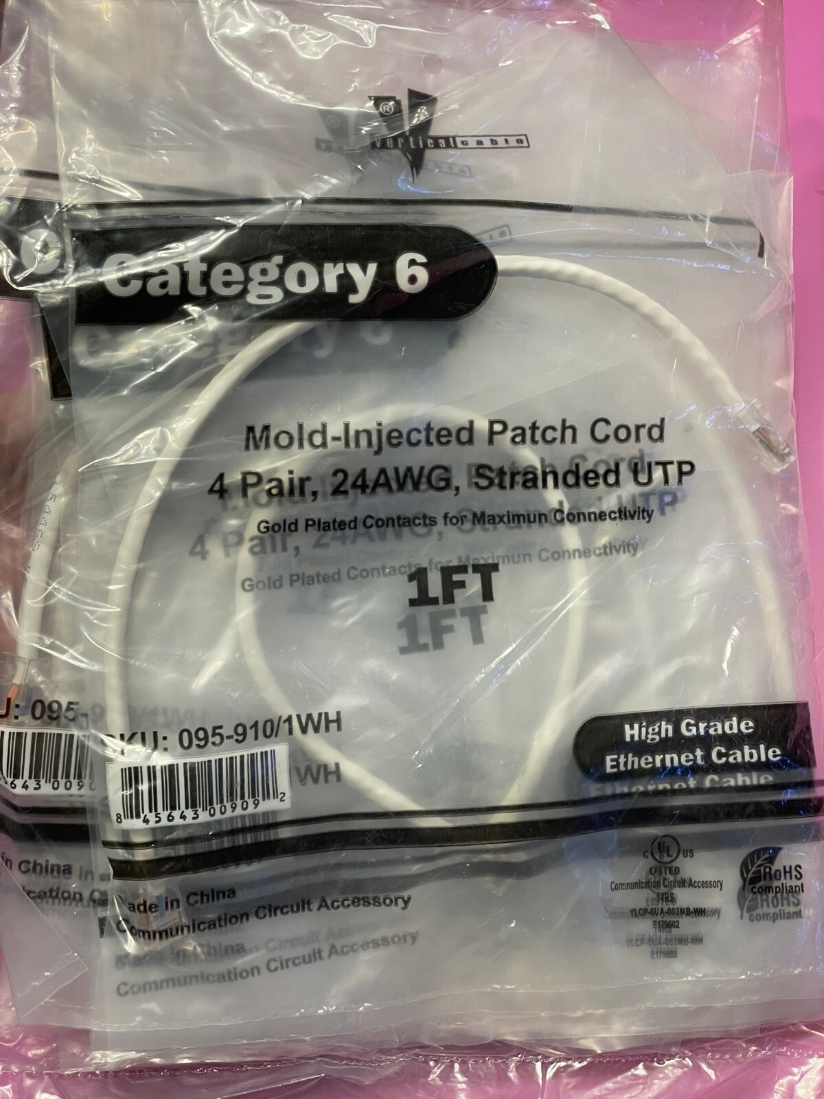 10pcs 1FT Cat6 Ethernet Patch Cable White RJ45 24AWG UTP Vertical Cable