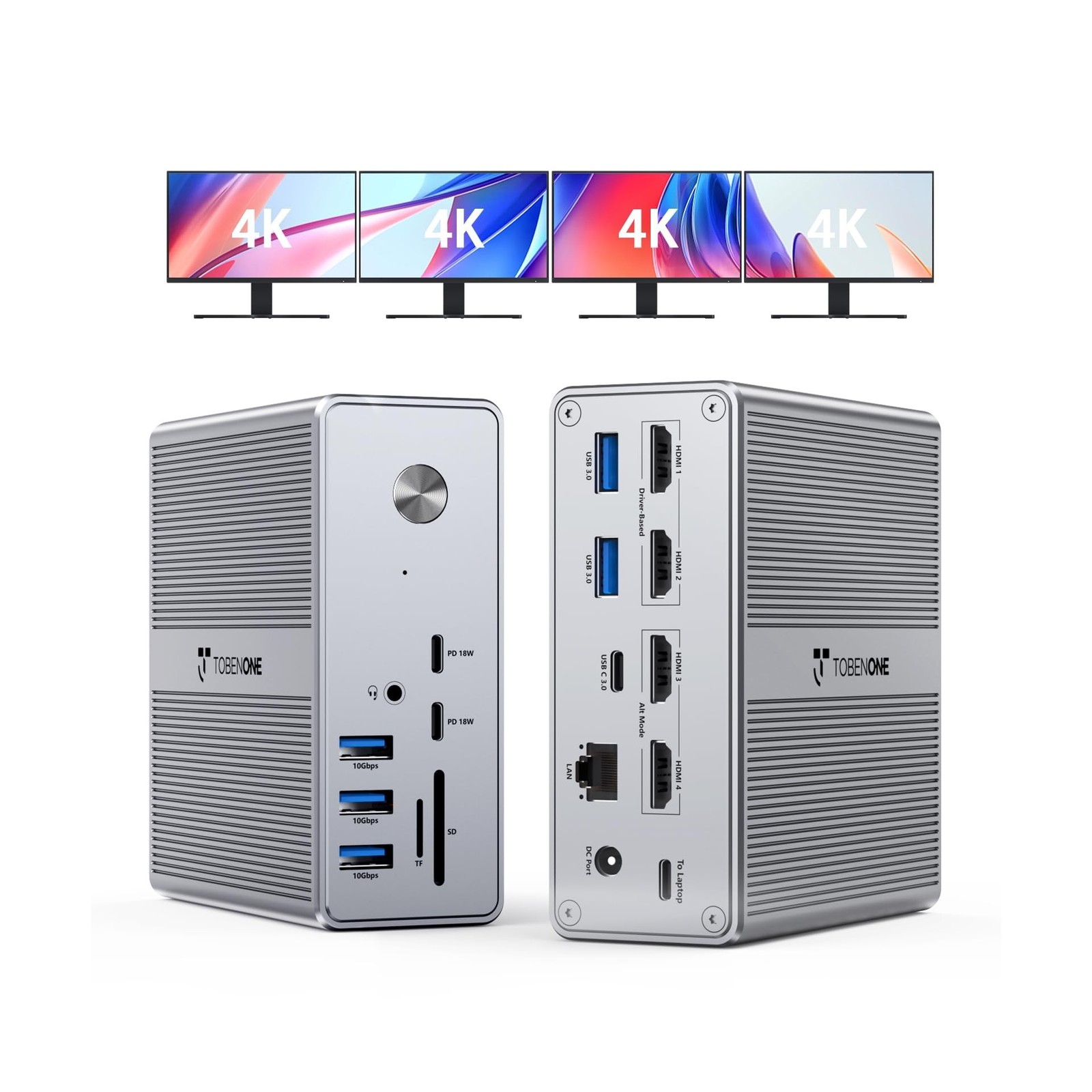 TobenONE DisplayLink Docking Station 4 Monitor with 4 HDMI, 18-in-1 Quad/Trip...