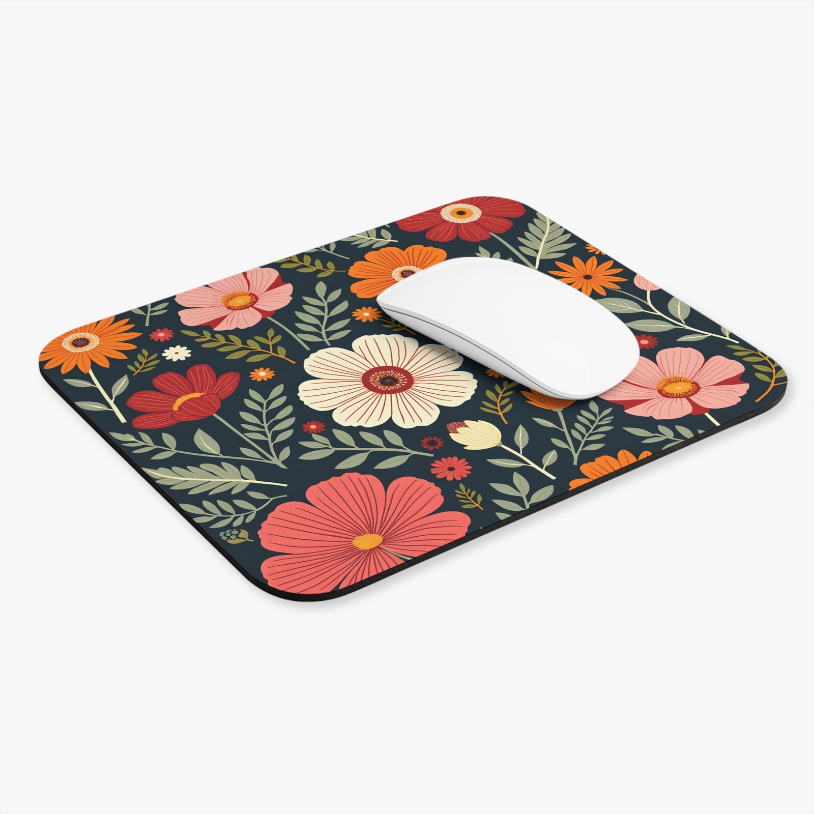 Retro Floral Pattern Mouse Pad | Dark Navy Wildflowers
