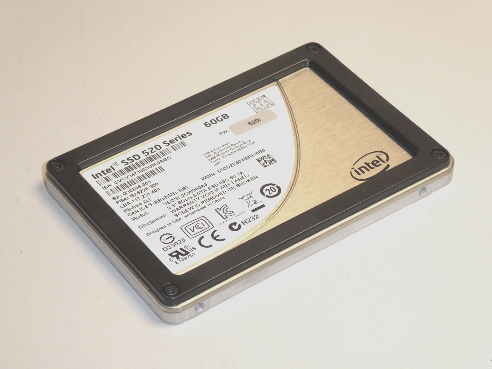 Intel SSD 520 Series SSDSC2CW060A3 60GB 2.5" SATA 6GB/s SSD, 2Y. Warranty