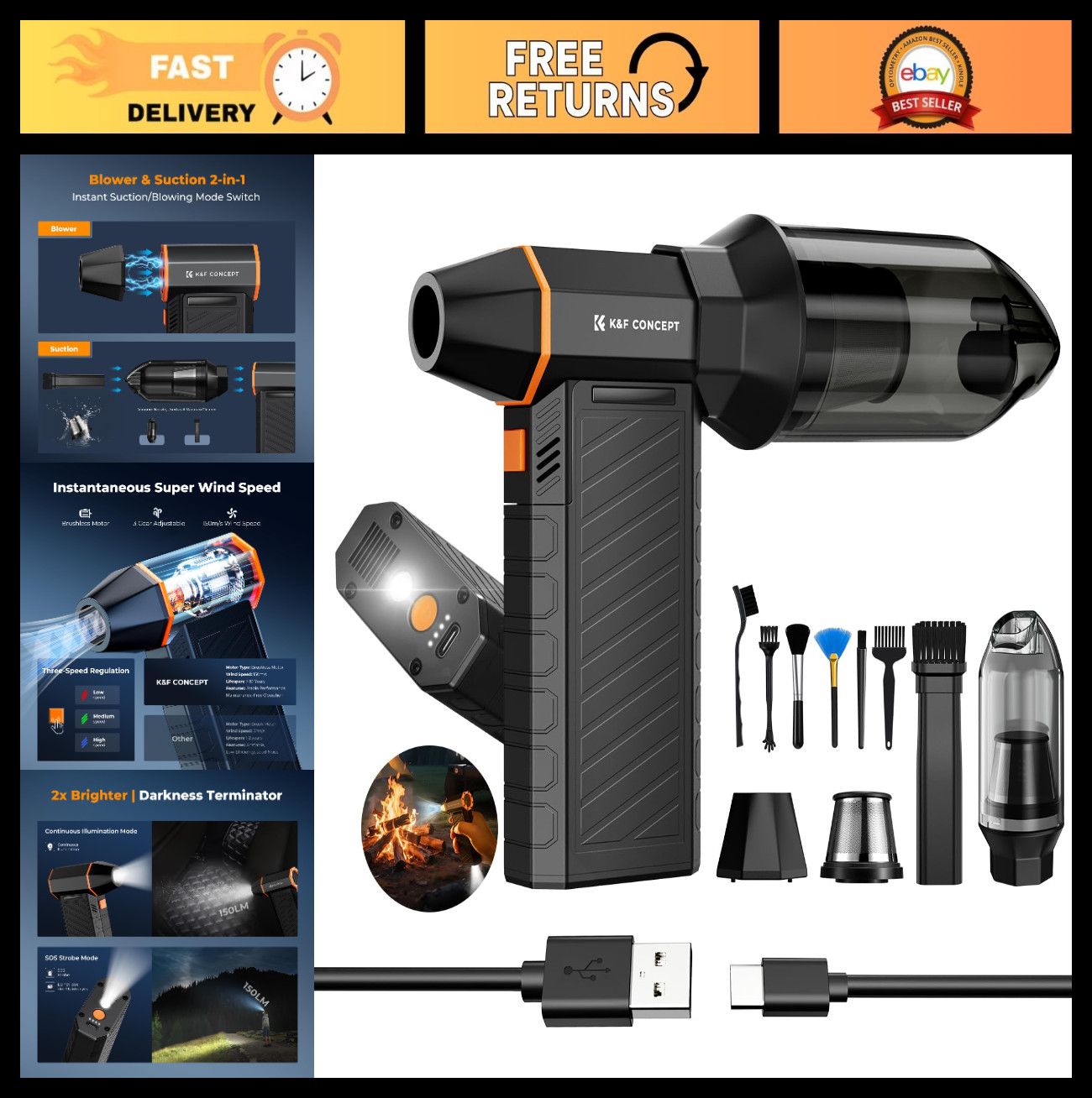 2-in-1 Magnetic Compressed Air Duster & Blower with LED Light, 6000mAh, 300000RP