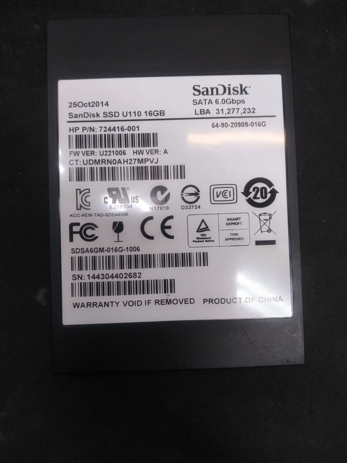 SanDisk SSD U110 16GB SDSA6GM-016G-1006 Solid State Drive For HP 724416-001