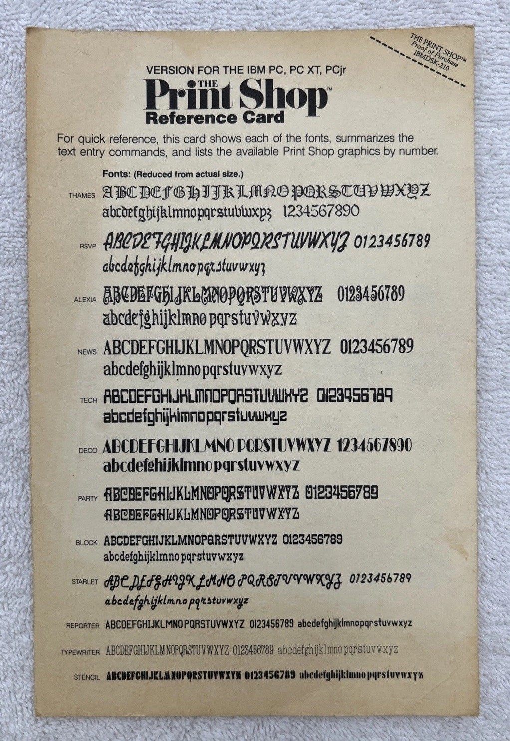 1985 Brøderbund Print Shop Reference Card Version for the IBM PC, PC XT, PCjr