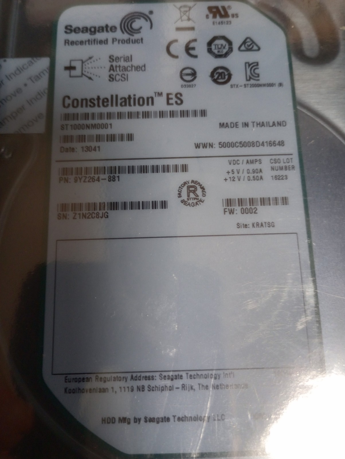 Seagate ES ST1000NM0001 1TB 7200RPM 3.5” SAS Hard Drive, P/N 9YZ264-881  Recert 