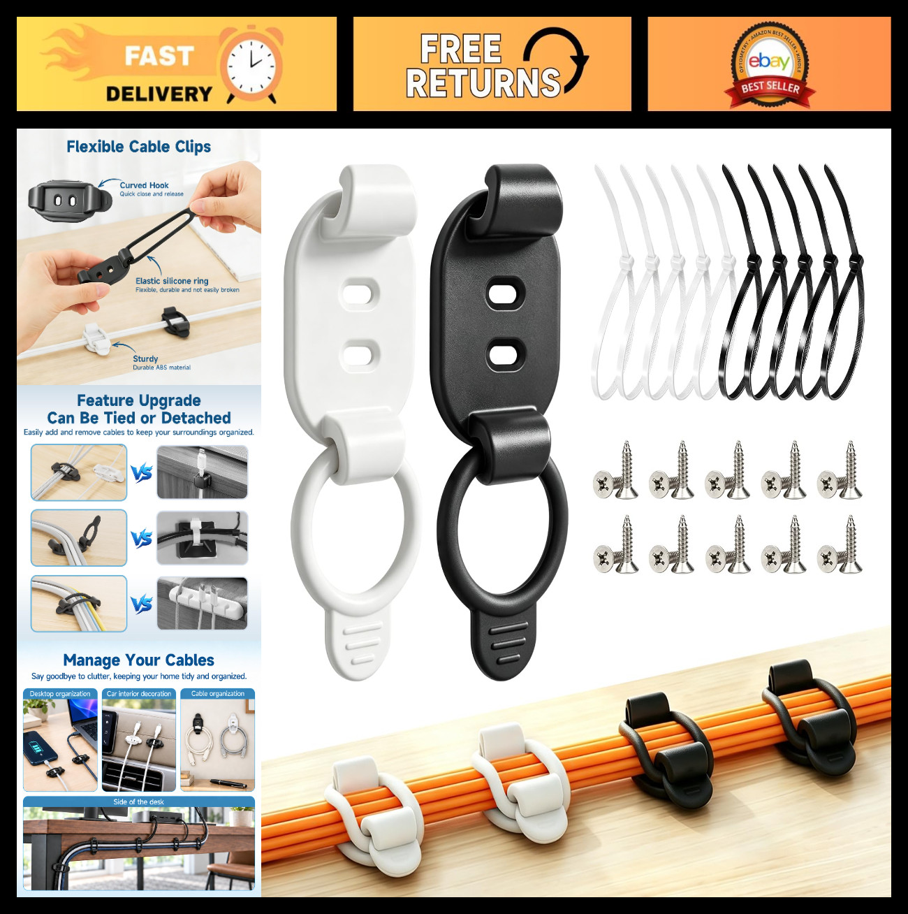 20 Sets Adjustable Cable Management Clips, Self Adhesive Cord Organizer with