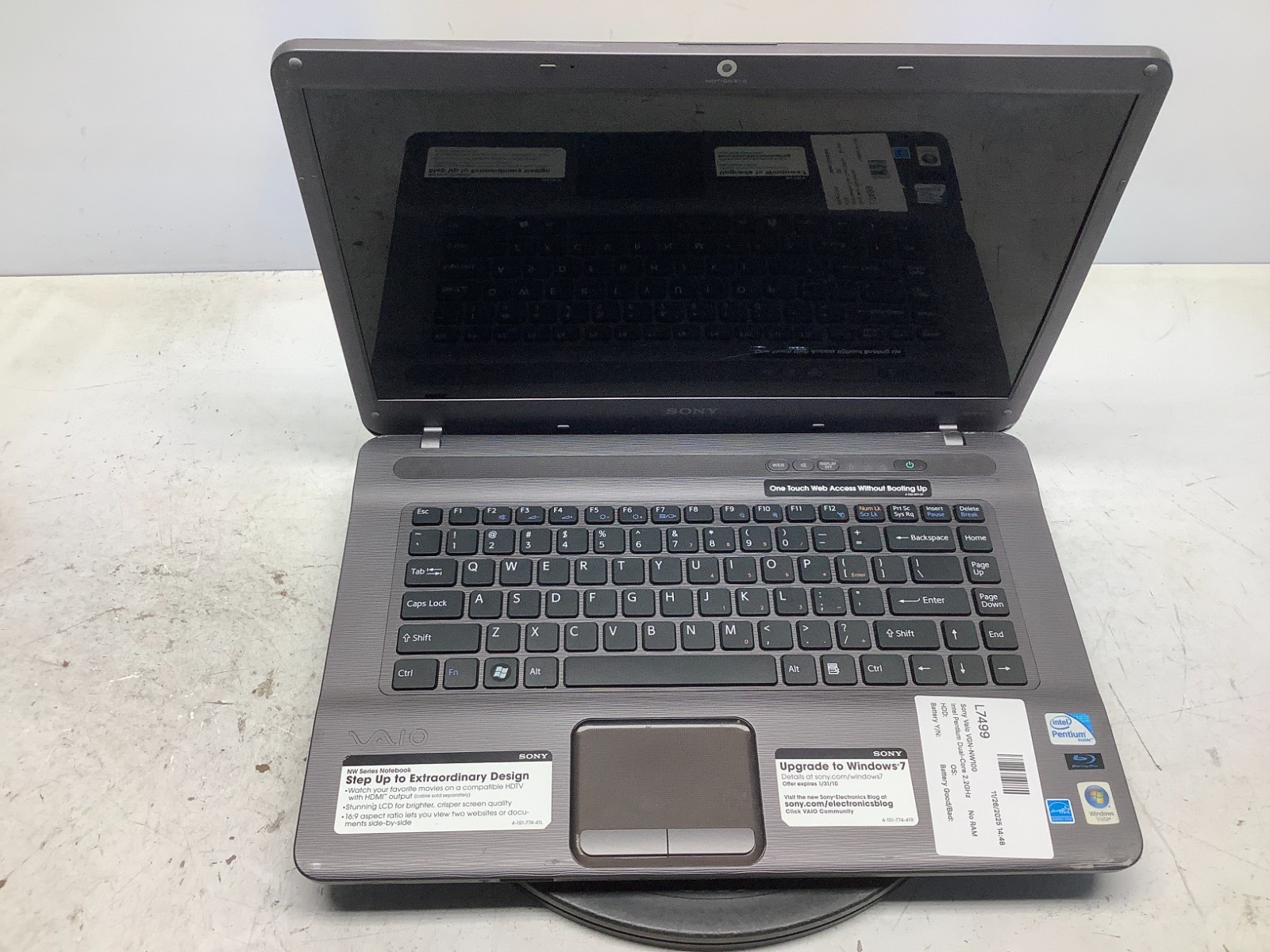 Sony Vaio VGN-NW100 Intel Pentium Dual-Core 2.2GHz No RAM NO HDD FOR PARTS