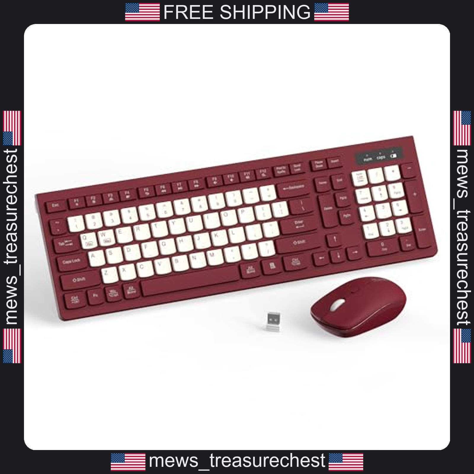 Wireless Keyboard and Mouse Combo Silent Full Size Office Home Wine Red