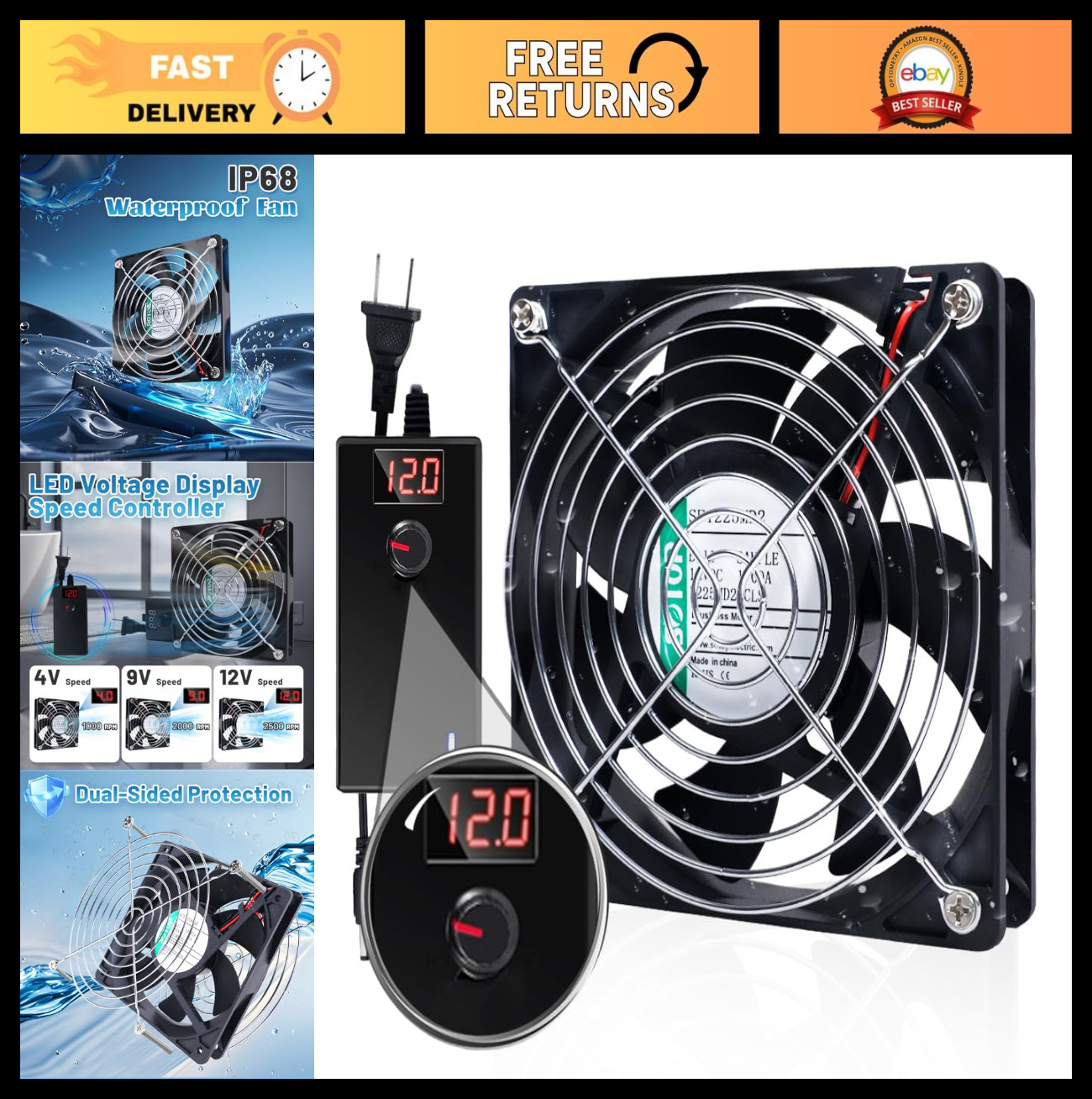 IP68 Waterproof 120mm Fan with LED Display & Speed Controller for DIY Cooling
