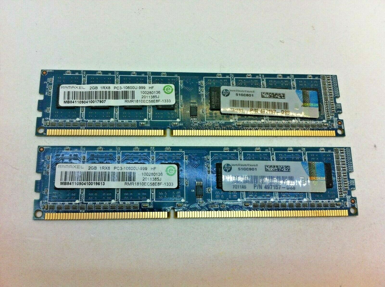 Lot of 2x Ramaxel HP Compaq 2GB DDR3 Memory 497157-B88 497157-D88 576110-001 179
