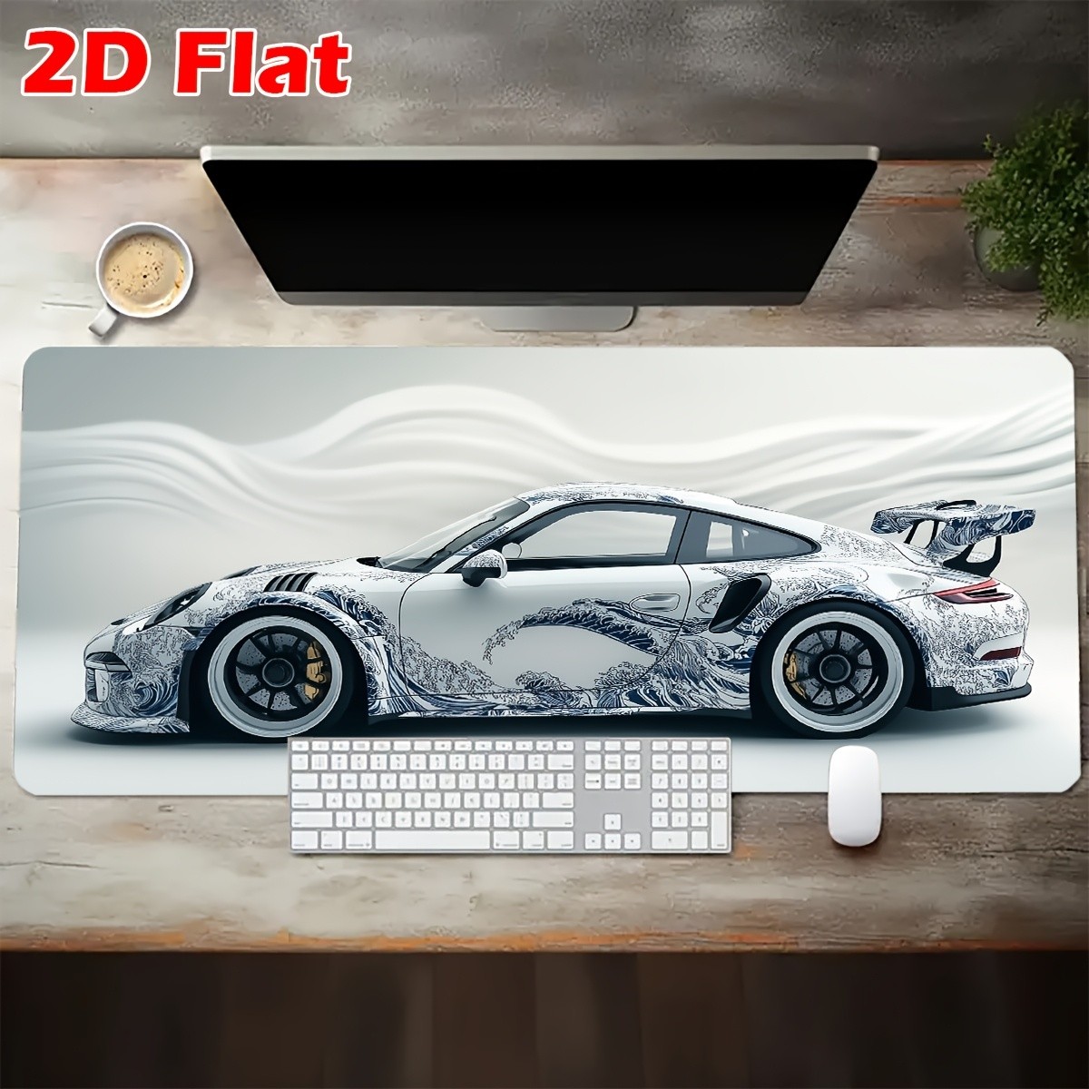 2D Flat White Ukiyo-e Style Sports Car Large Gaming Mouse Pad Desk Mat, 35.4 X