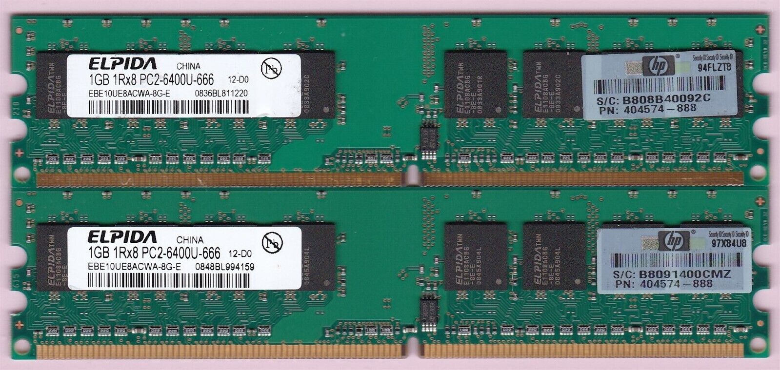 2GB 2x1GB PC2-6400 DDR2-800 ELPIDA EBE10UE8ACWA-8G-E HP 404574-888 MEMORY KIT