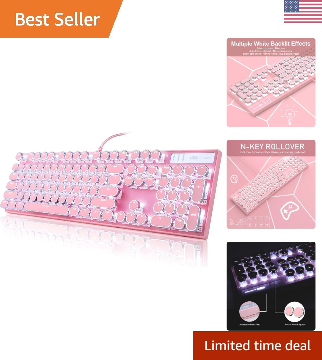 Vintage Pink Retro Punk Mechanical Gaming Keyboard with White Backlit - 104 Keys