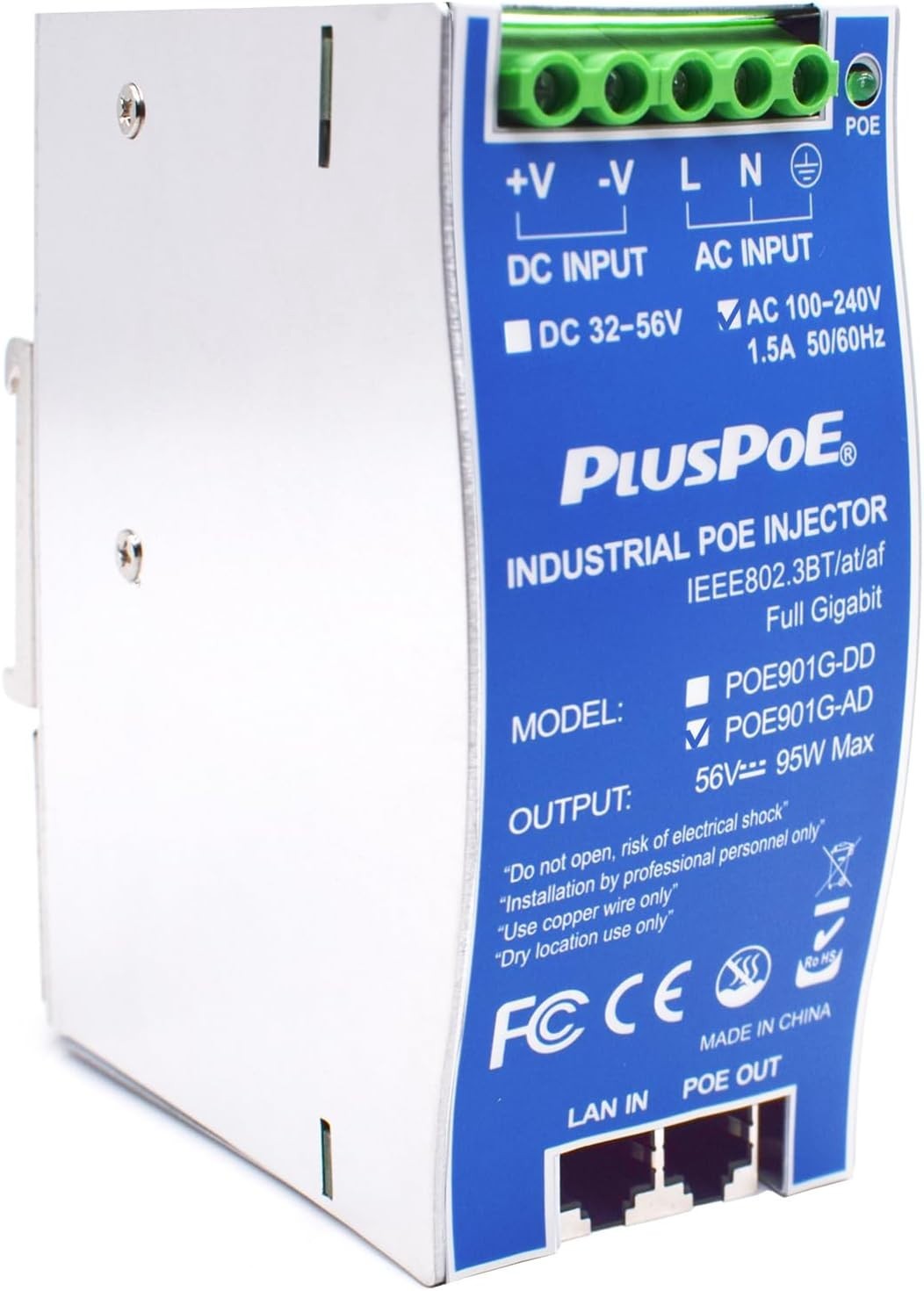 PlusPoE 90W Industrial Gigabit PoE++ Injector IEEE 802.3bt/at/af (100-240VAC)