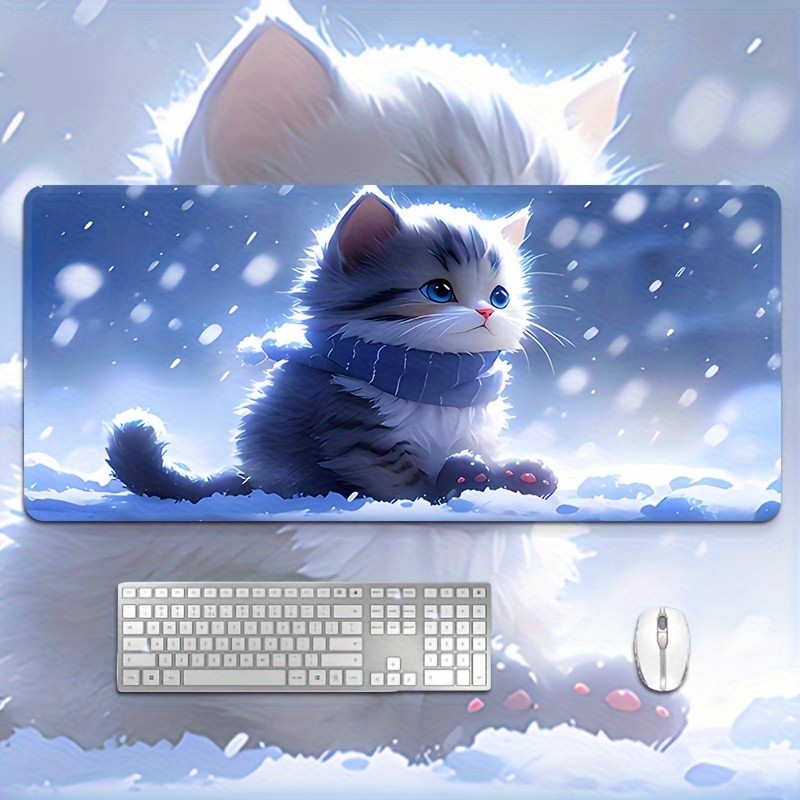 1pc Cute Cat Large Mouse Pad, Non-Slip Rubber Base, Durable Stitched Edges, Re