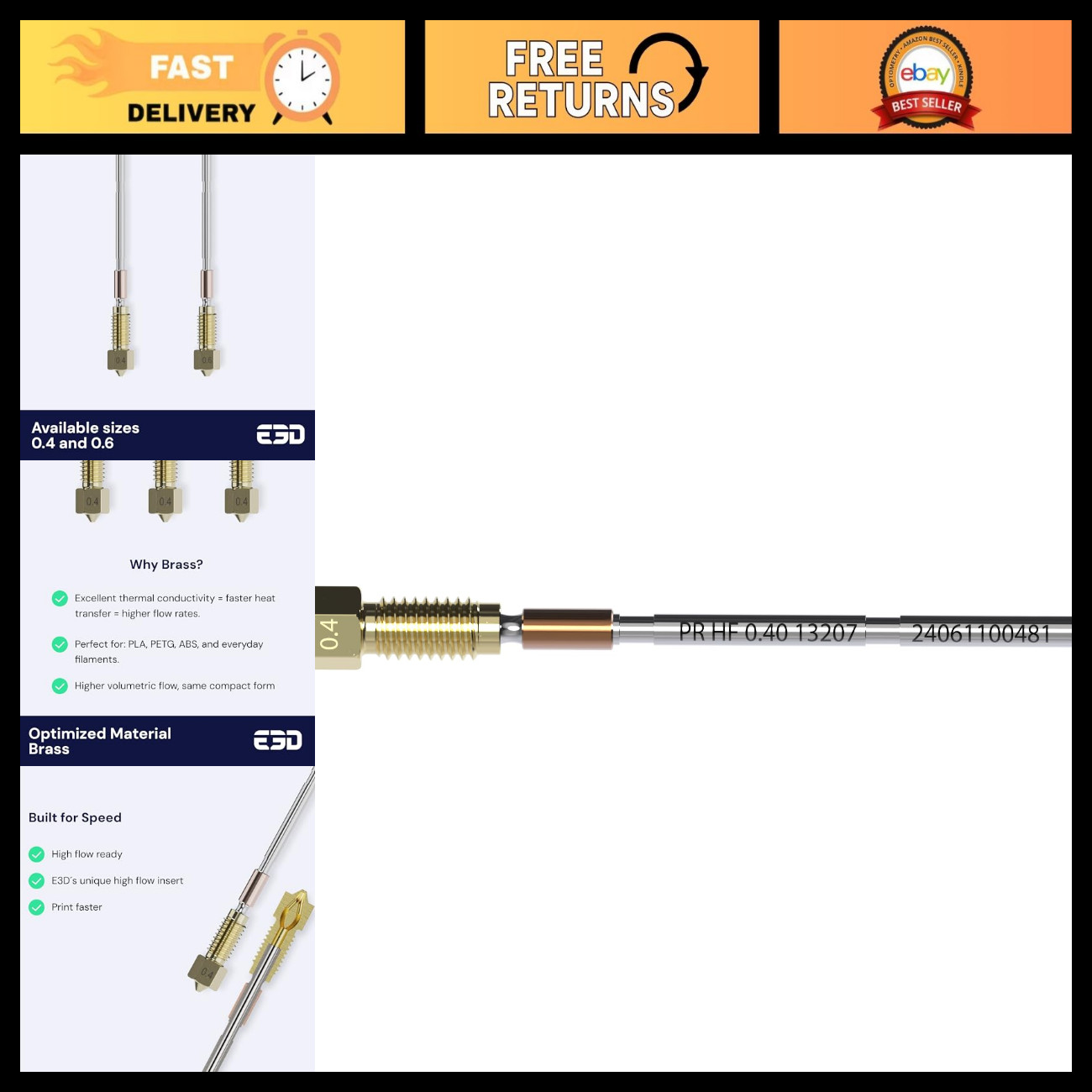High Flow 3D Printer Nozzle for MK4/XL - Brass, 0.4mm, Compatible Upgrade