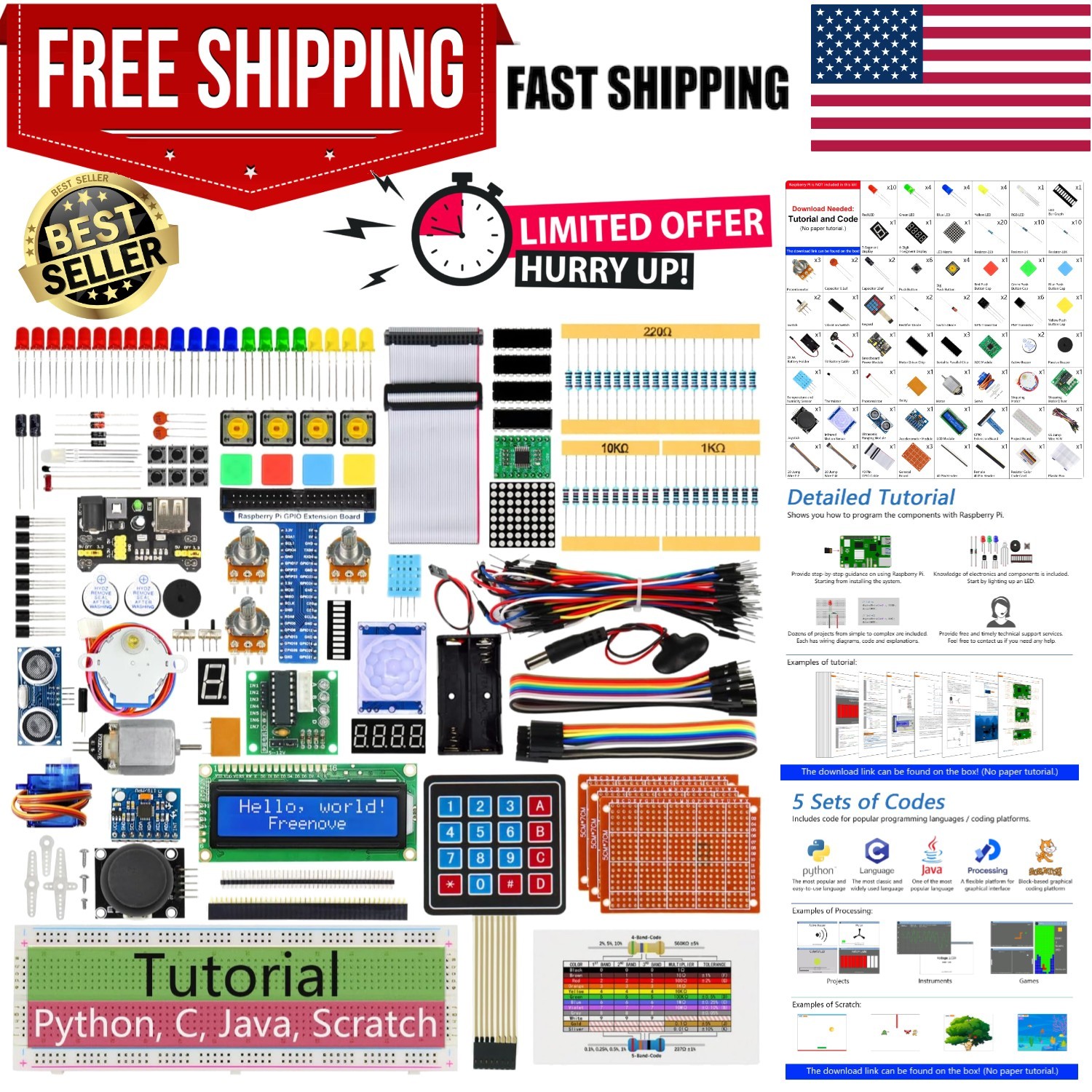 Ultimate Raspberry Pi 5 Starter Kit: 962-Page Tutorial + 128 Projects, 223 Items