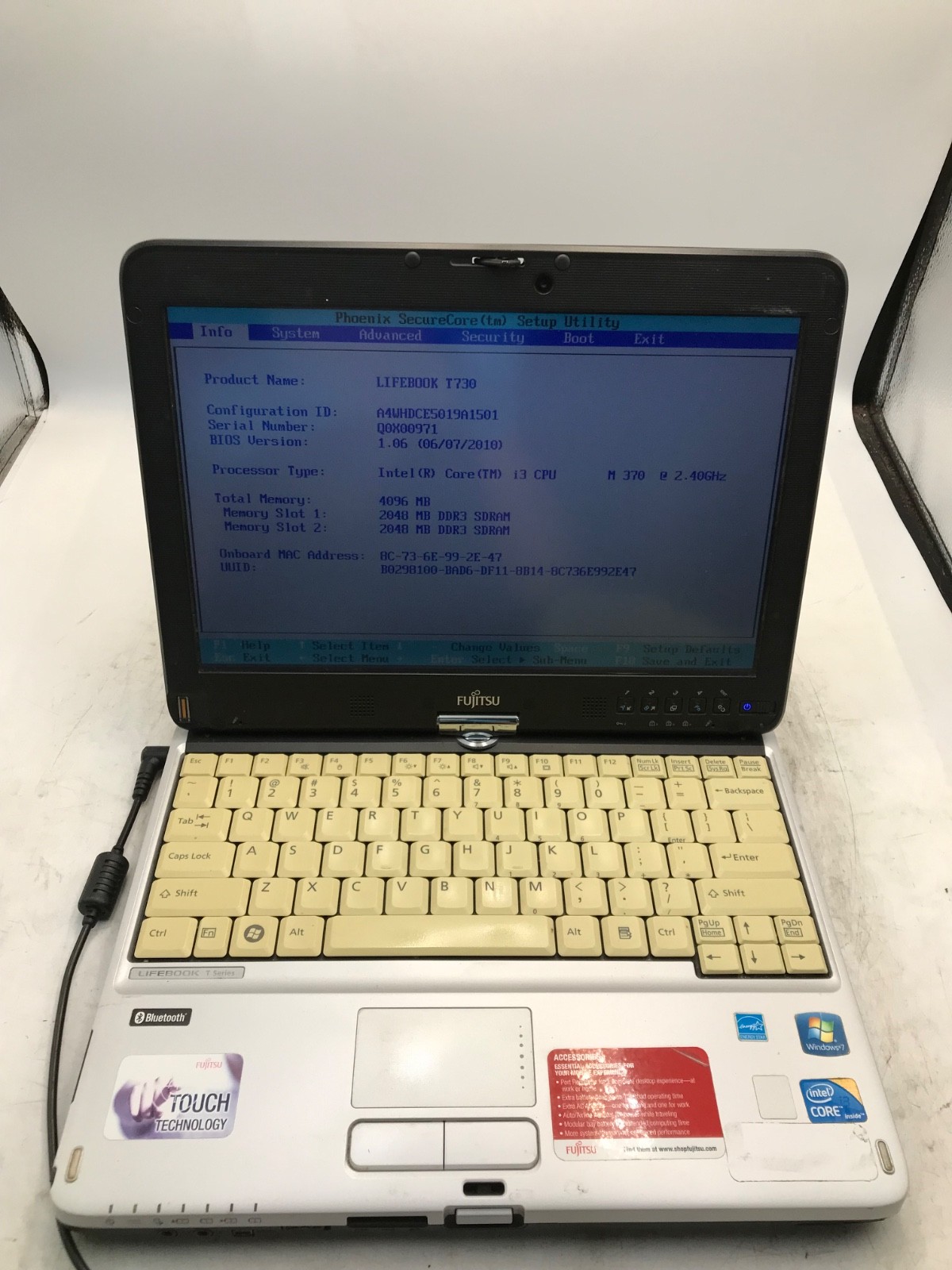 Fujitsu LifeBook T730 Intel Core i3-370M 2.4GHz 13" Laptop 4GBRAM-BOOTS BIOS -MZ