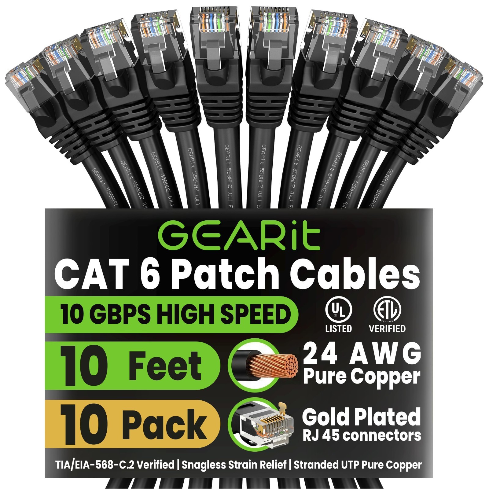 GearIT Cat6 Ethernet Patch Cables 10ft 10-Pack RJ45 Snagless 10Gbps Black