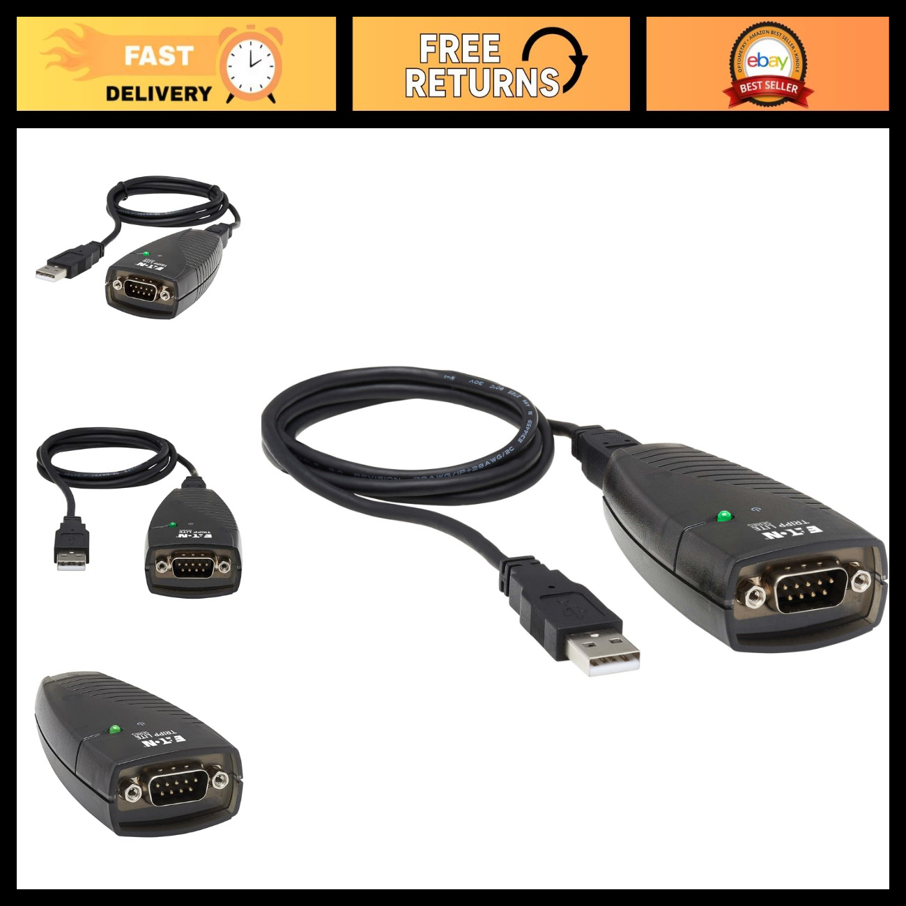 High-Speed USB to Serial Adapter, USB-A to DB9 RS232 Male, 3ft Cable, PC & Mac