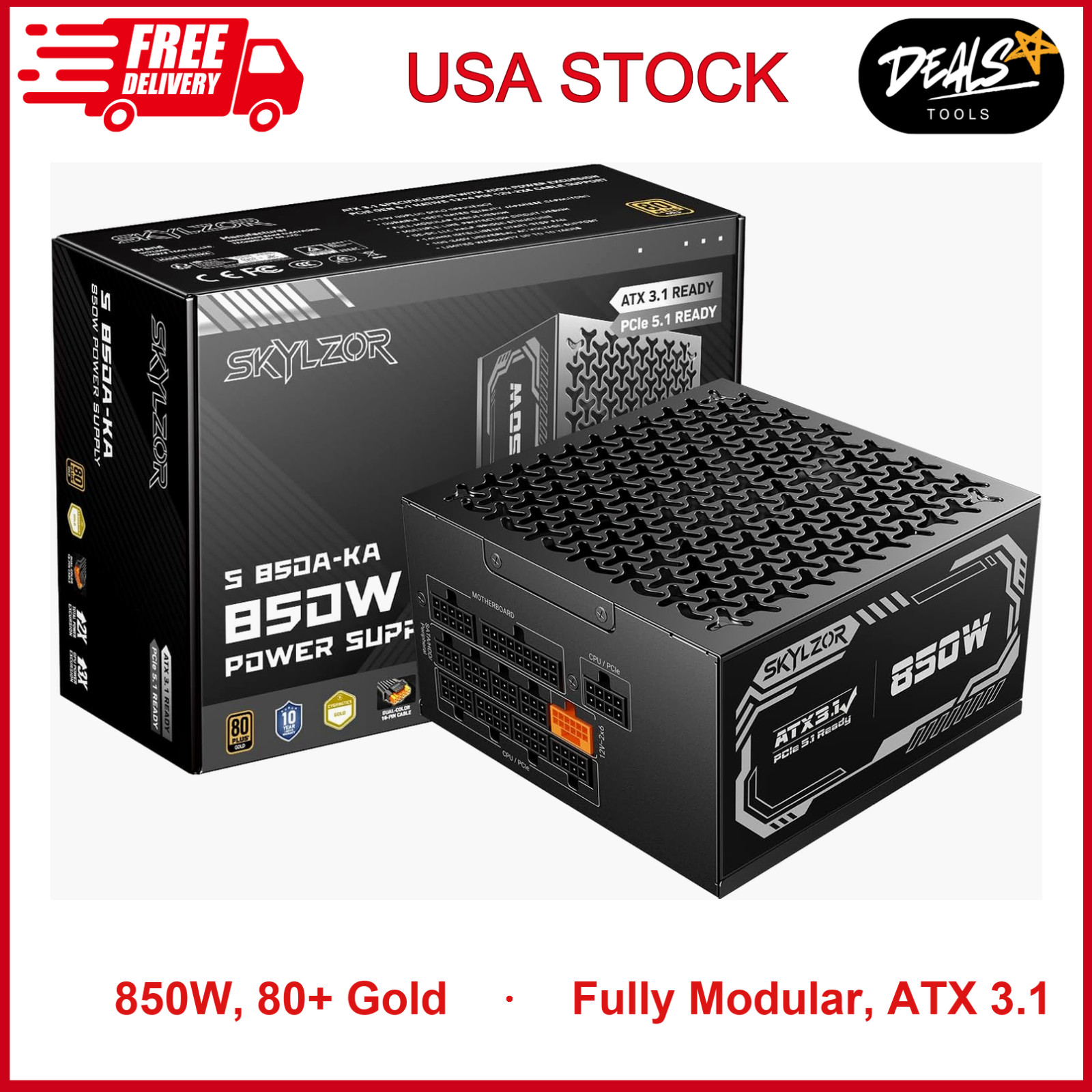 850W Fully Modular Power Supply 80+ Gold Certified PSU, ATX 3.1 & PCIe 5.1 Ready
