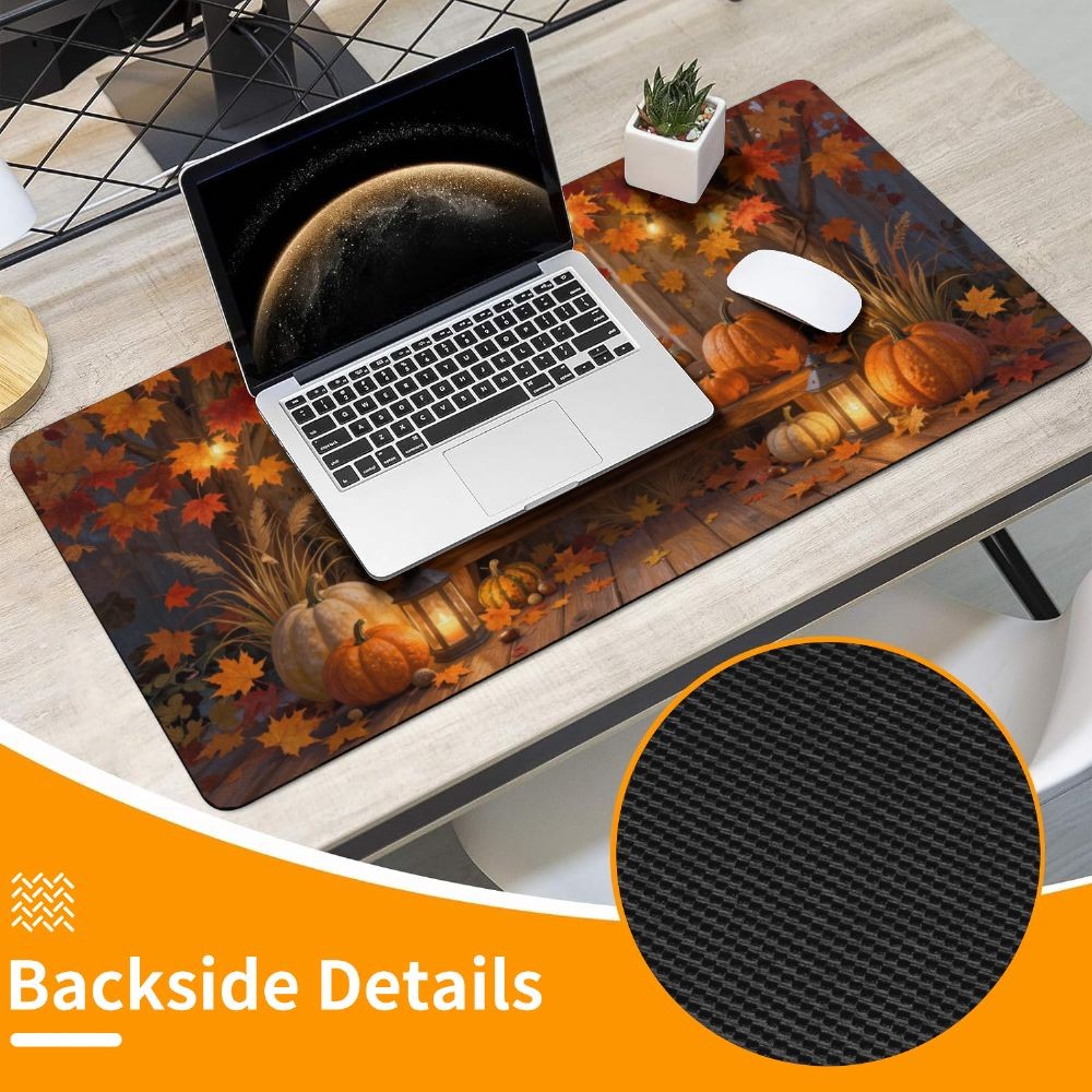 1pc Autumn Harvest Mouse Pad & Desk Mat with Fall Leaves & Pumpkin Lantern, No