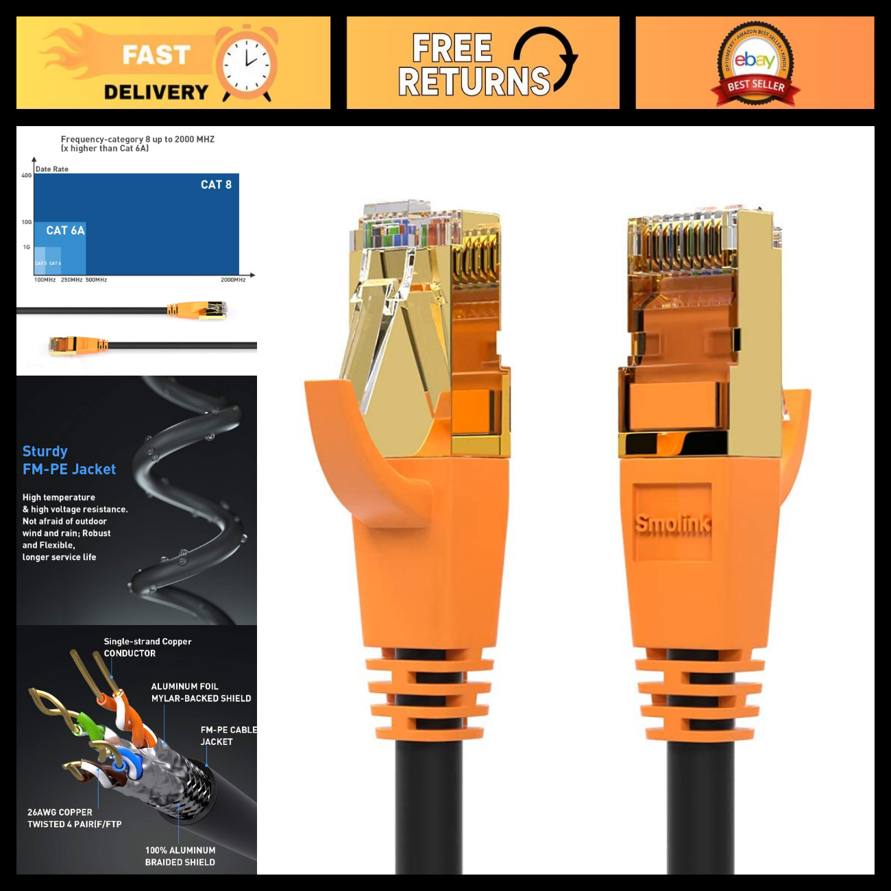 High-Speed 40Gbps Cat 8 Ethernet Cable 50FT, Ultra-Fast LAN Network Cable