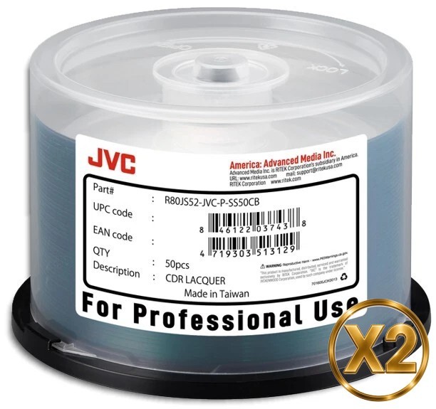 100-Pak JVC PRO (Ritek Pro) Shiny-Silver Top 52X 80-Min CD-R's in Cakebox