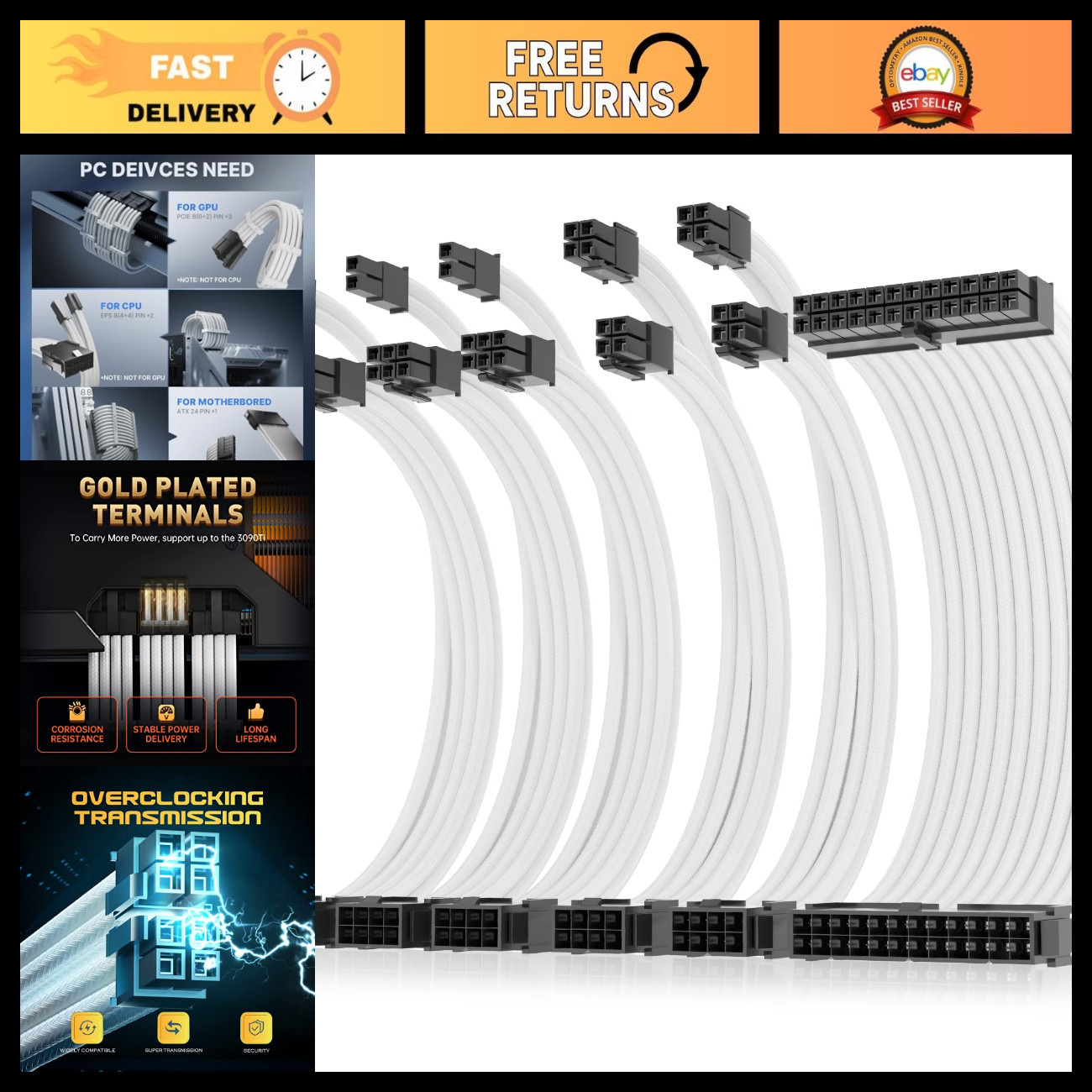 16AWG White Power Supply Extension Cable Kit, Dual EPS & PCI-E, 30cm Length