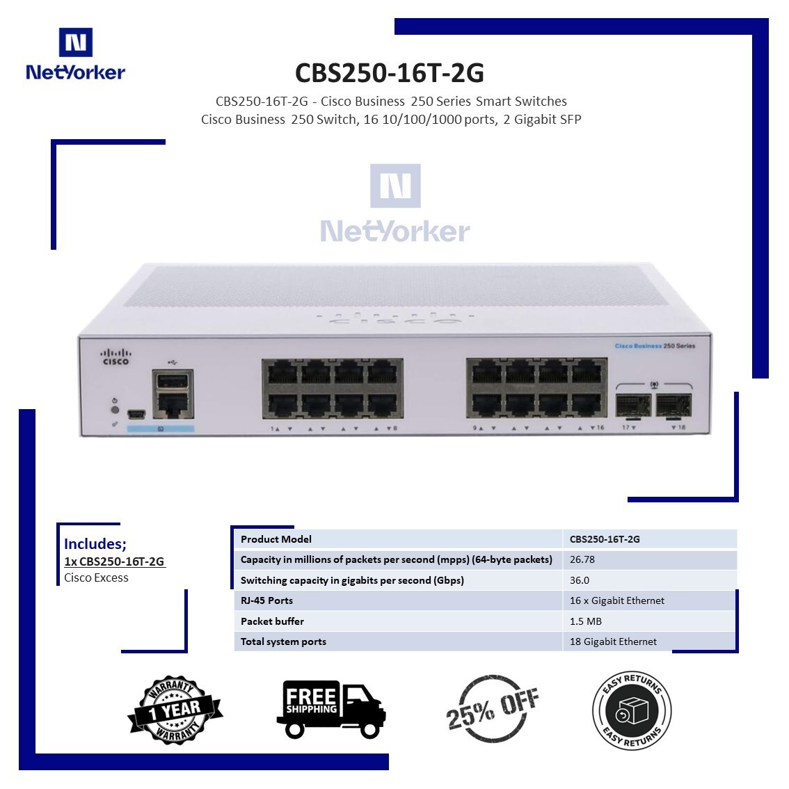 Cisco Refresh  CBS250-16T-2G 16 Port Gigabit Ethernet Switch- Same Day Shipping