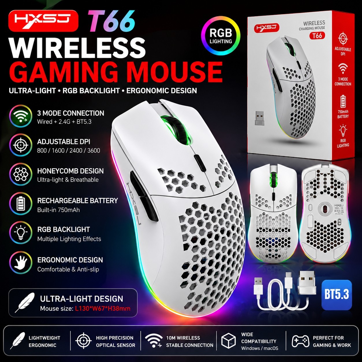 HXSJ T66 Wireless Gaming Mouse RGB Bluetooth 5.3 2.4G 3600 DPI Rechargeable