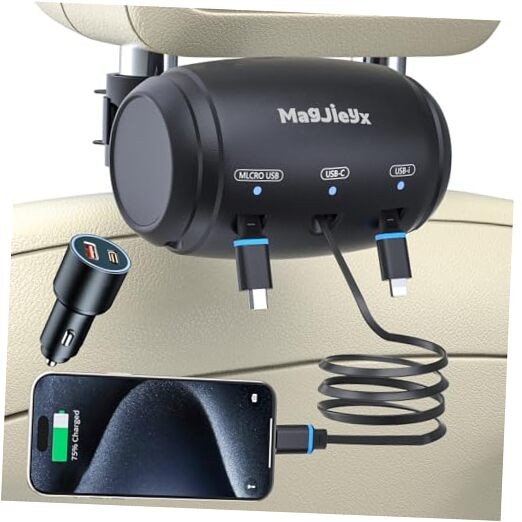 Multi Retractable Car Charger Station, Headrest 3 in 1 Charging Box+38W Adapter