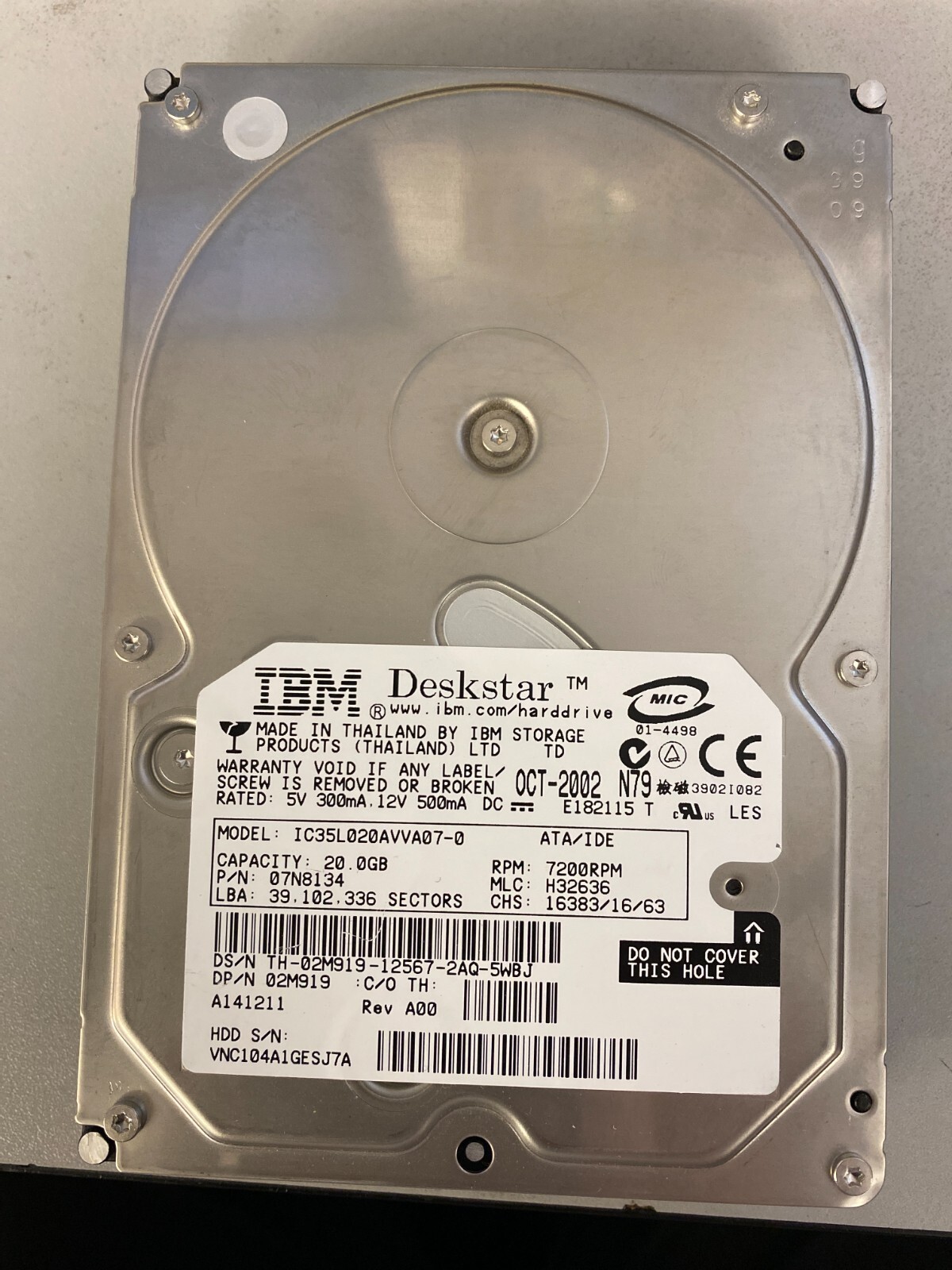 IC35L020AVVA07-0 IBM DESKSTAR 20GB  IDE HARD DRIVE P/N 07N8134
