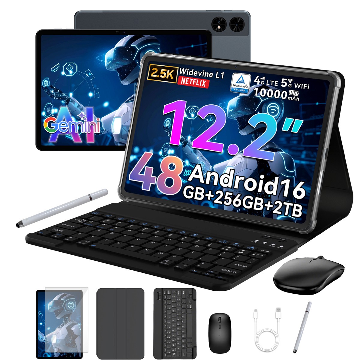 TABWEE T60 Android 16 Tablet 12.2 Inch 2.5K 48GB RAM 256GB 10000mAh 4G LTE WiFi