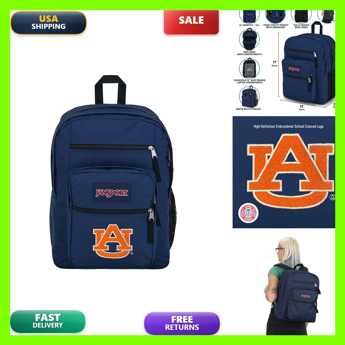 Jansport Ncaa Officially Licensed Backpack Auburn Tigers Big Student Padded