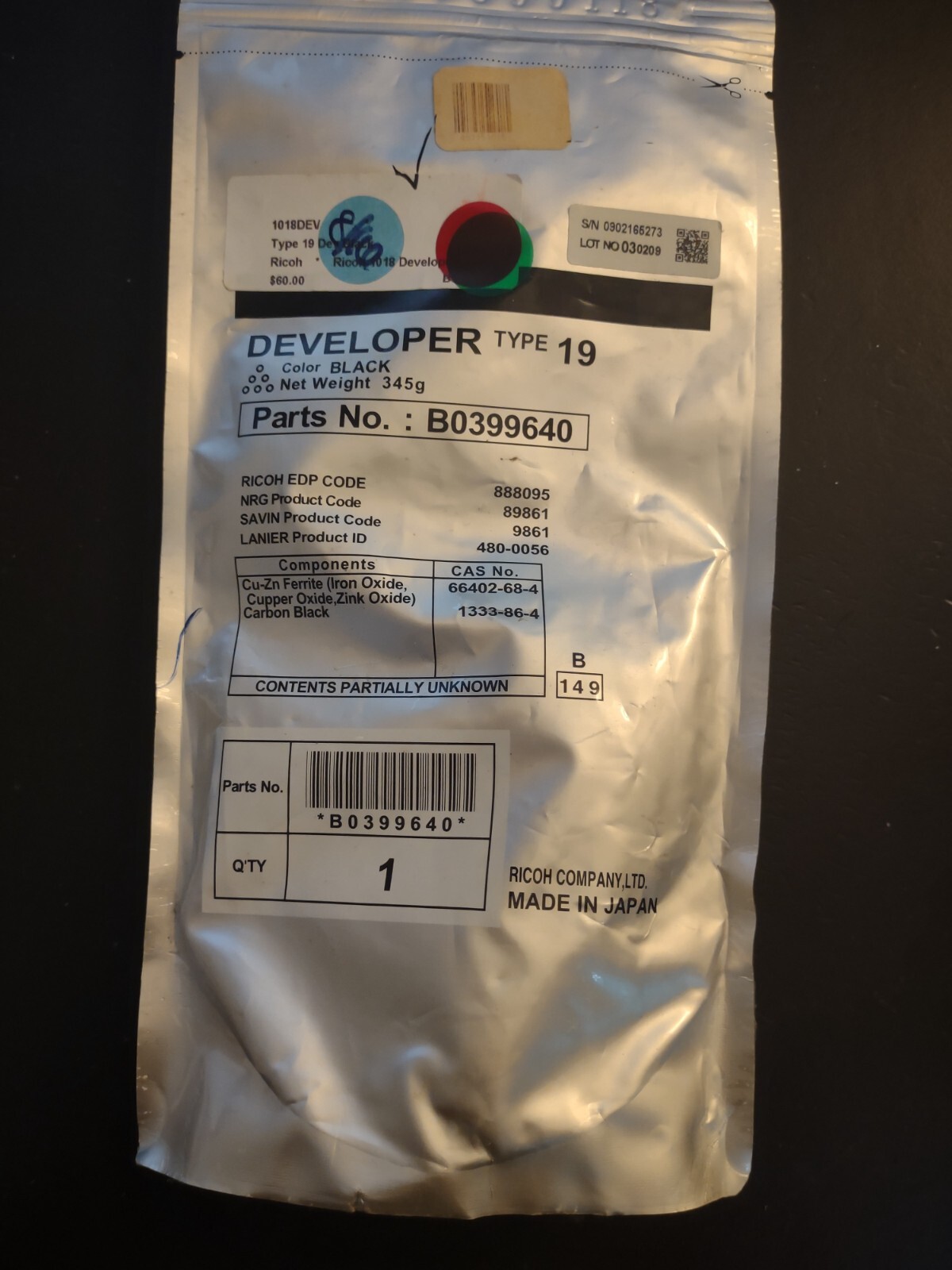 Genuine Ricoh B0399640 Black Developer Type 19
